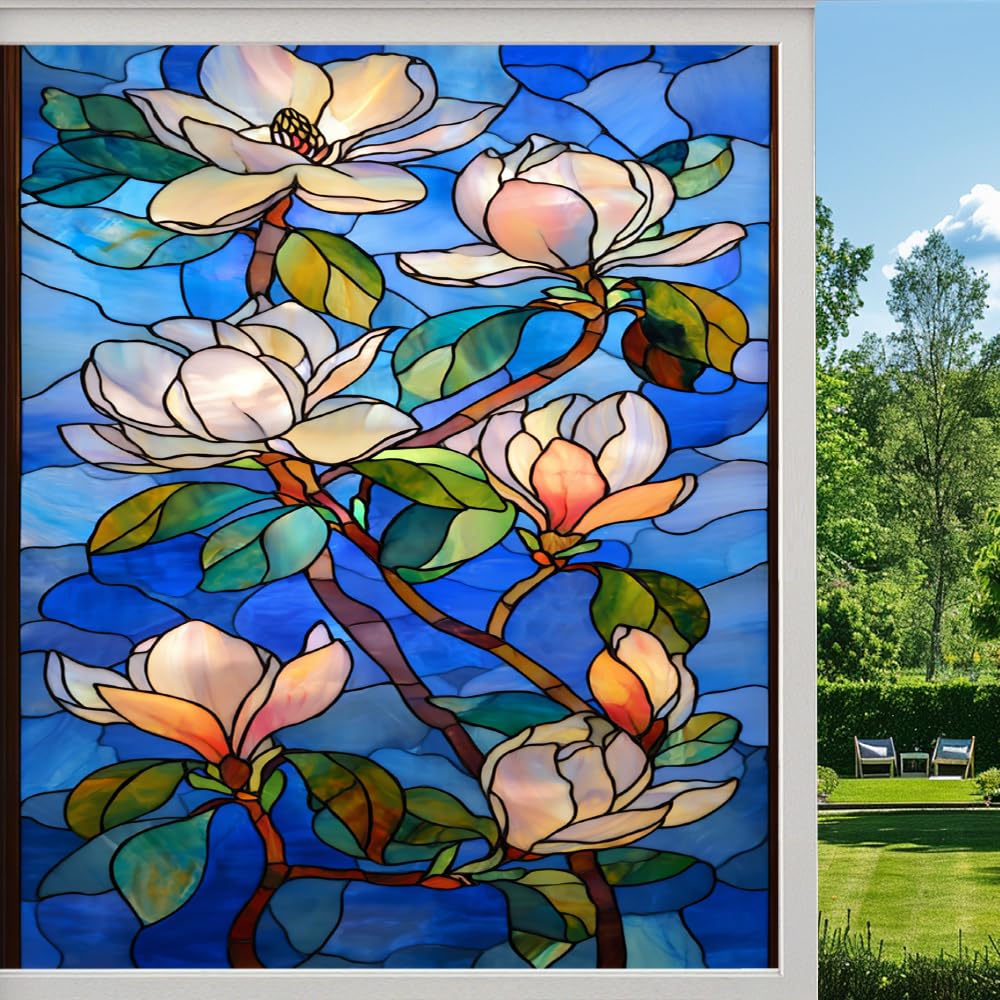 Pmlbaous Fine Style Magnolia Stained Glass Window Film, Natural Branch Flower Peel And Stick Privacy Film, Frosted Adhesive Vinyl Decorative For Bathroom Windows Glass Doors, （80X140cm）