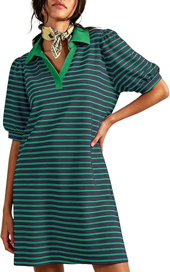 Womens 2026 Summer Casual Polo V Neck T Shirt Striped Dress Puff Short Mini Dress Flowy A Line Beach Vacation Dress
