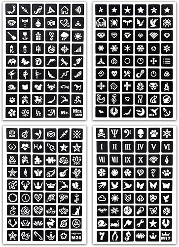 Miniatura 4 de MCPINKY Kit de plantillas de tatuaje de henna, 283 piezas, 12 hojas de purpurina temporal semipermanente para mujeres y niñas, calcomanías de