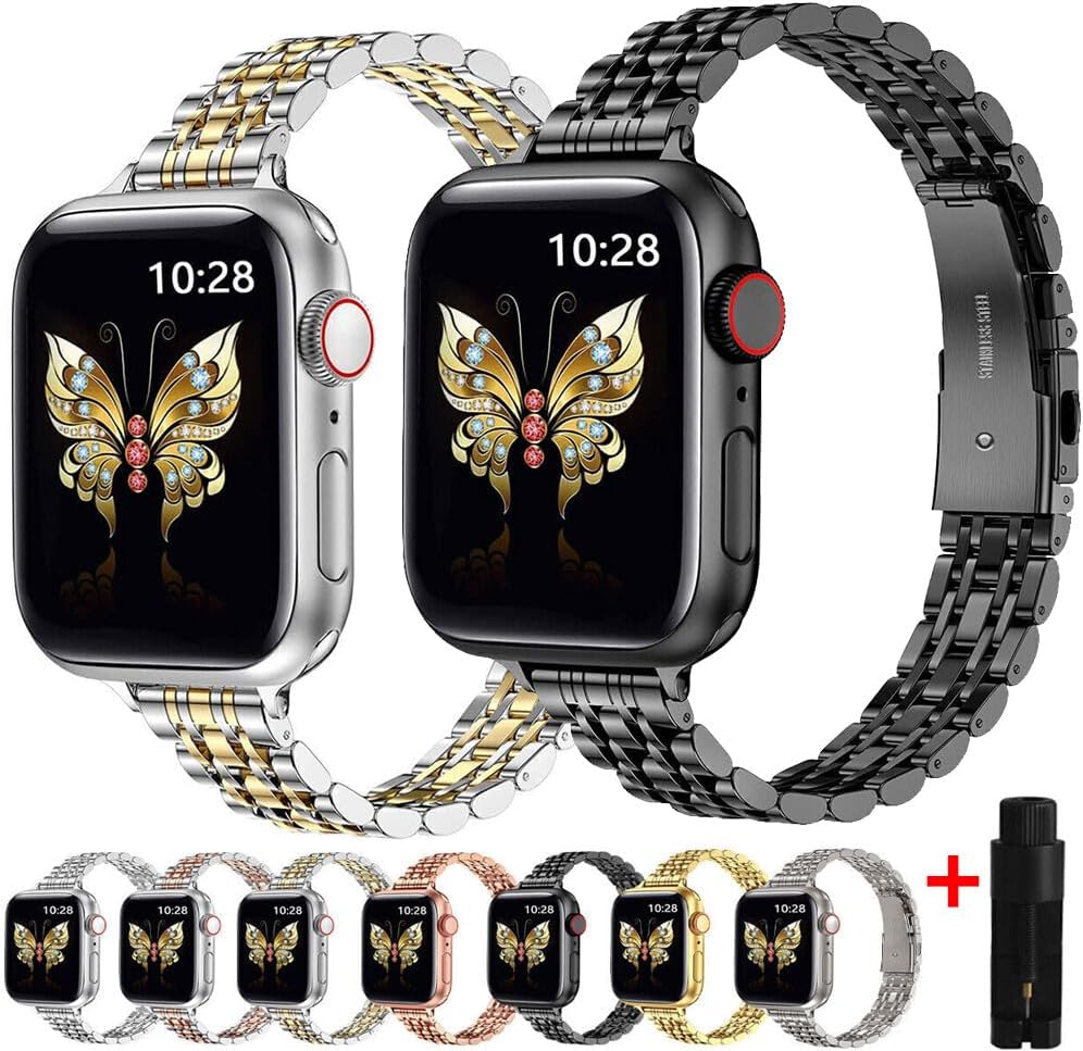 Generic Compatible with iWatch 42mm/44mm/45mm/49mm (Color: Silver/Gold Women Slim Band Metal Strap case