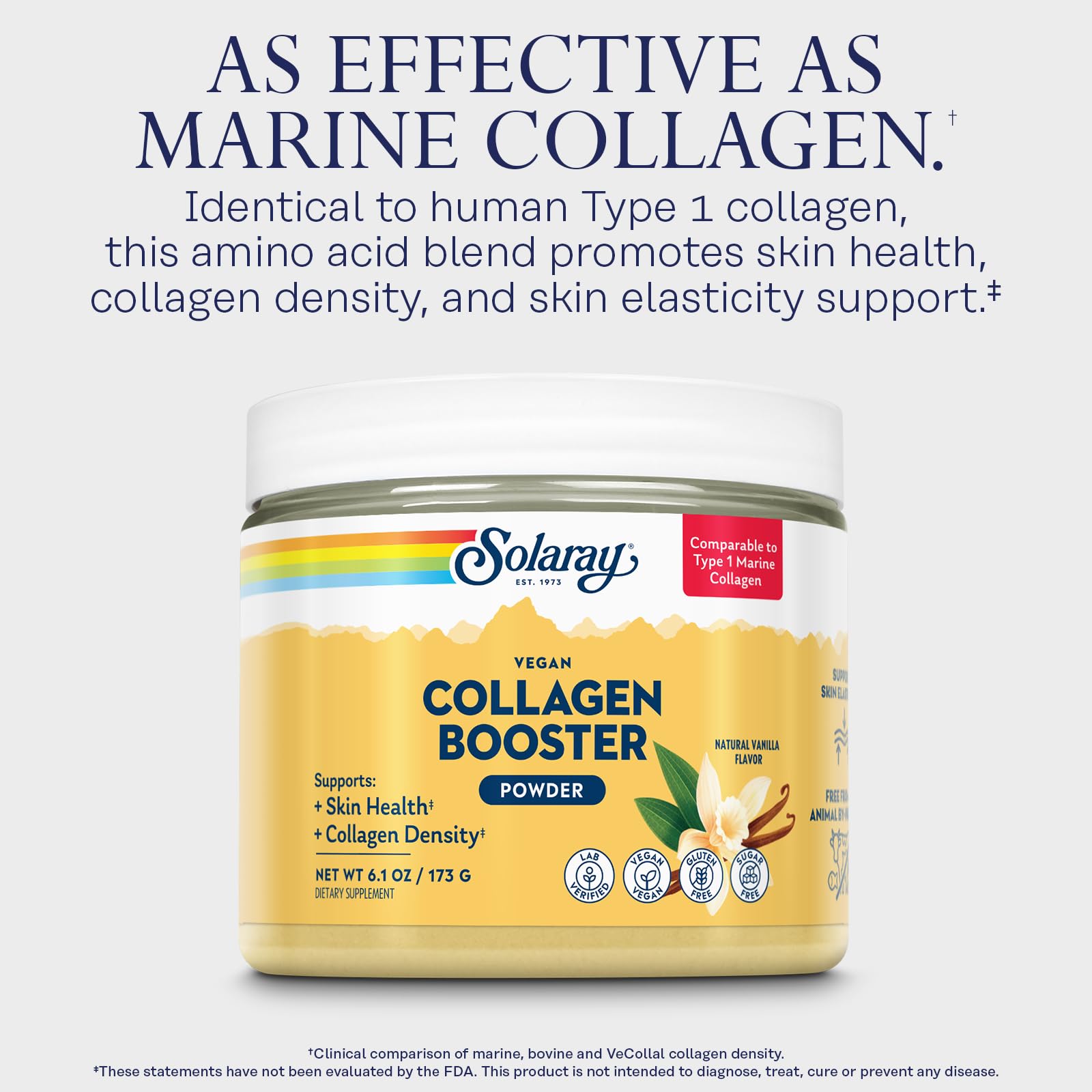 SOLARAY Renforcement au collagène végétalien - Alternative au collagène marin de type 1 en poudre - Santé de la peau et support de densité de collagène - Sans gluten, sans sucre, vérifié en
