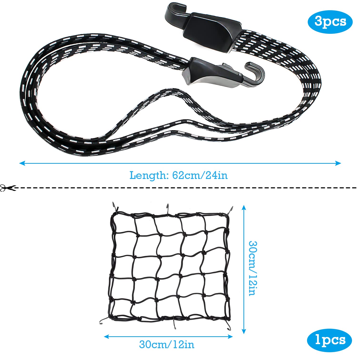 Spanngurt Fahrrad Gepäckspanner 3in 1 Fahrrad Gummispanner Expander mit Haken Verstellbar Elastische für Gepäckträger Fahrradgepäckträger Motorrad Gepäck(3PCS Spanngummi Fahrrad+1PCS Netz Helmnetz)