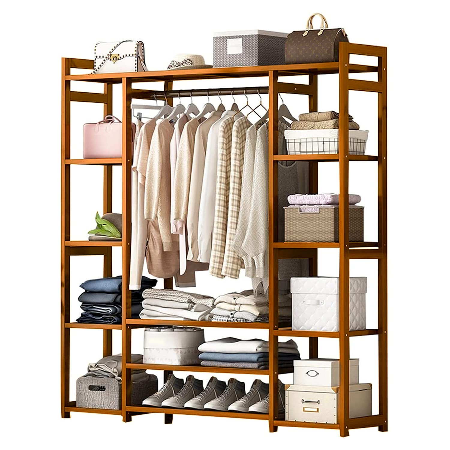 Naayaab Craft Premium Bamboo Clothes Garment Rack Dual Bar Coat Hanger Stand Clothing Storage Multipurpose Portable Wardrobe Closet Organizer Color - Brown (160 x 37 x 141cm) (B0BQVMYBCC) Amazon Price History, Amazon Price Tracker