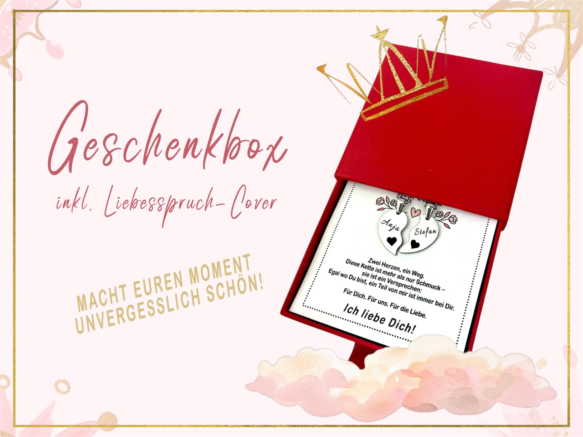 Herz Halskette für Paare mit Gravur | personalisiert mit Name, Datum, Spruch | Damen, Herren, Freundin, Verliebte | Kette verstellbar 45 cm, wasserfest mit Rückseite