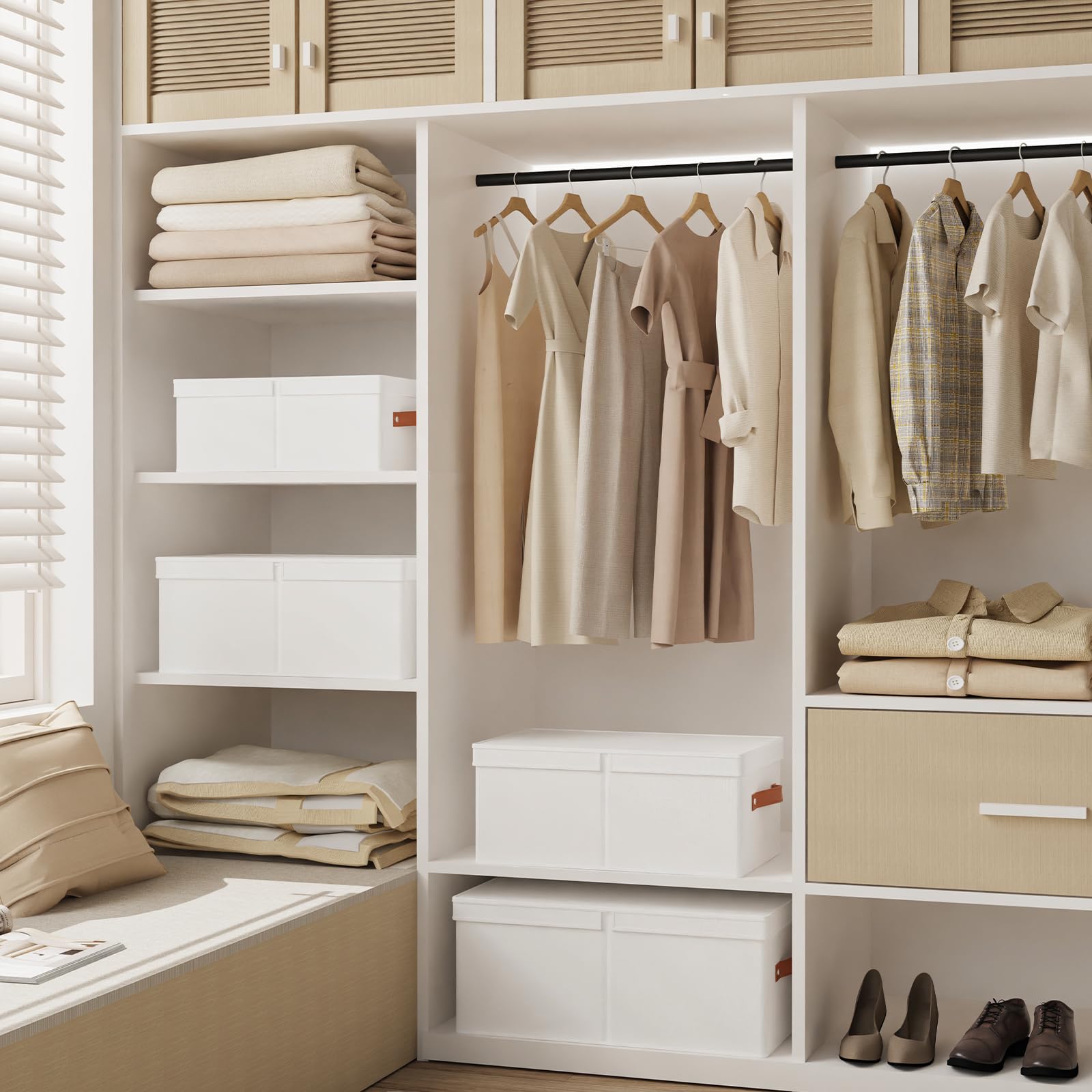 3 Pezzi Scatola con Coperchio Rimovibile, 47×28×20cm Organizer Armadio Cassetti, Salvaspazio, Contenitori con Maniglia, Scatole per Vestiti da Letto a Casa, Bianco