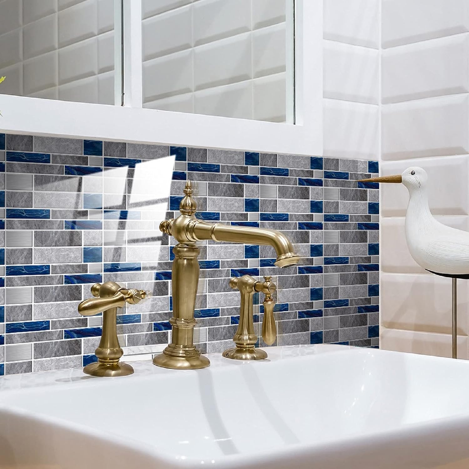 24-Sheet Premium Self-Adhesive Kitchen Back Splash Tiles in Marble, Peel and Stick Tile for 3D Stickers Kitchen, Bathroom, Counter Top, Marble Design 3.9 x 78.7 (Blue)