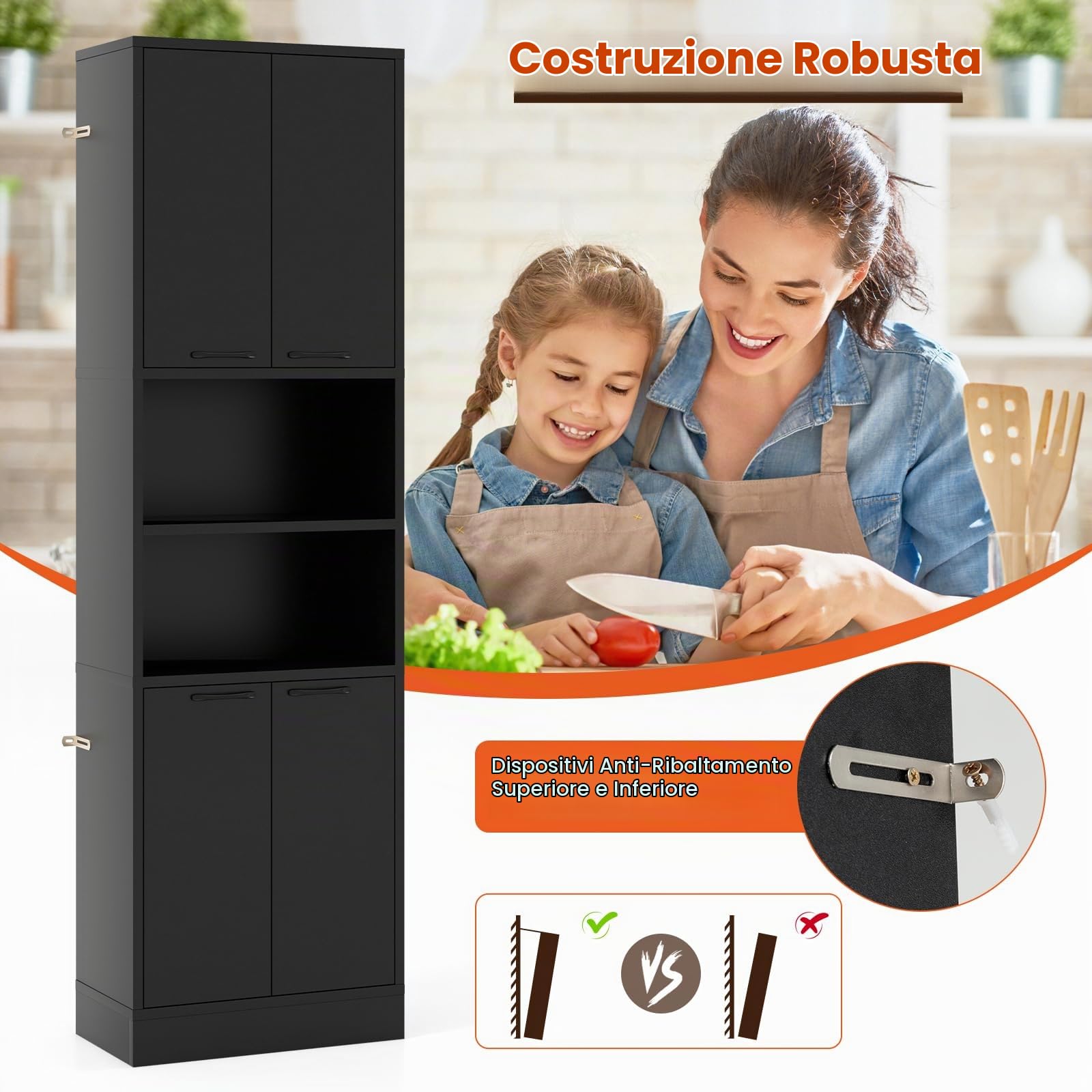 LIFEZEAL Mobile Bagno, Mobiletto Bagno Salvaspazio in Legno, 30x56x190cm, Armadietto Alto con 2 Ripiani Aperti e 4 Ante, Credenza Multiuso da Cucina e Soggiorno, Mobile Dispensa (nero)