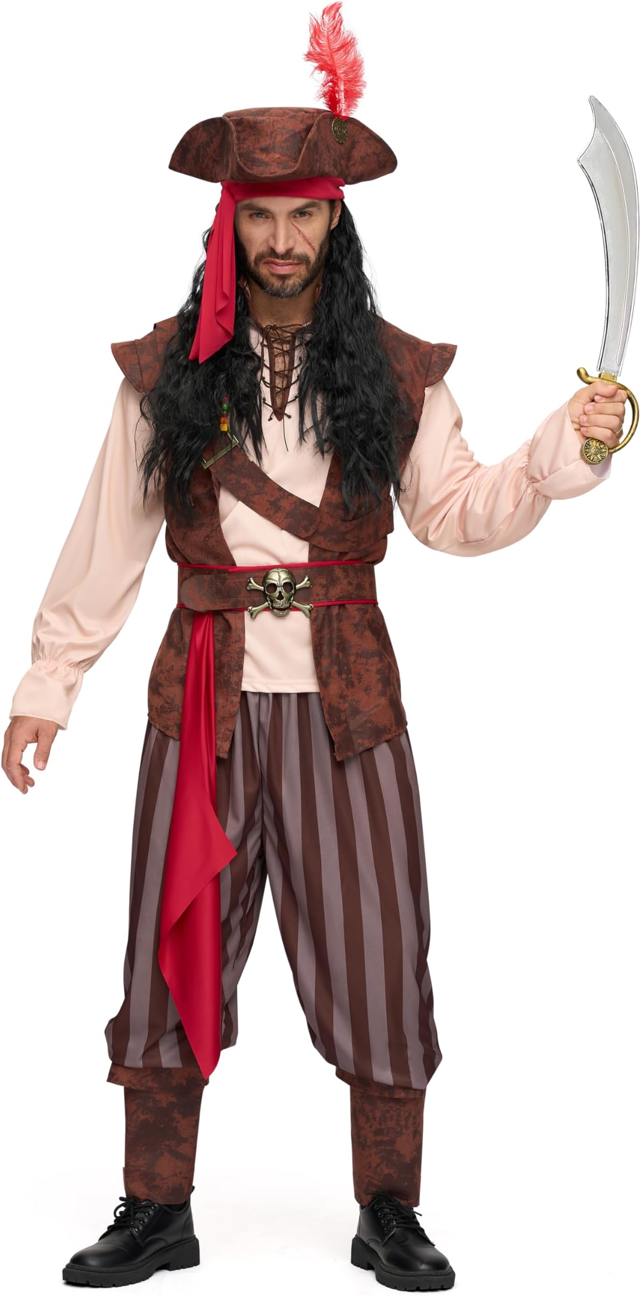 Spooktacular Creations Caribbean Pirate Costume for Men, Khaki Sea Captain Costume Adult Halloween Costume Party Cosplay