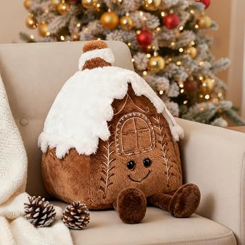 Gingerbread House Pillow, Cute Snow House Plush Throw Pillow 12.5", Stuffed Christmas Holiday Decor