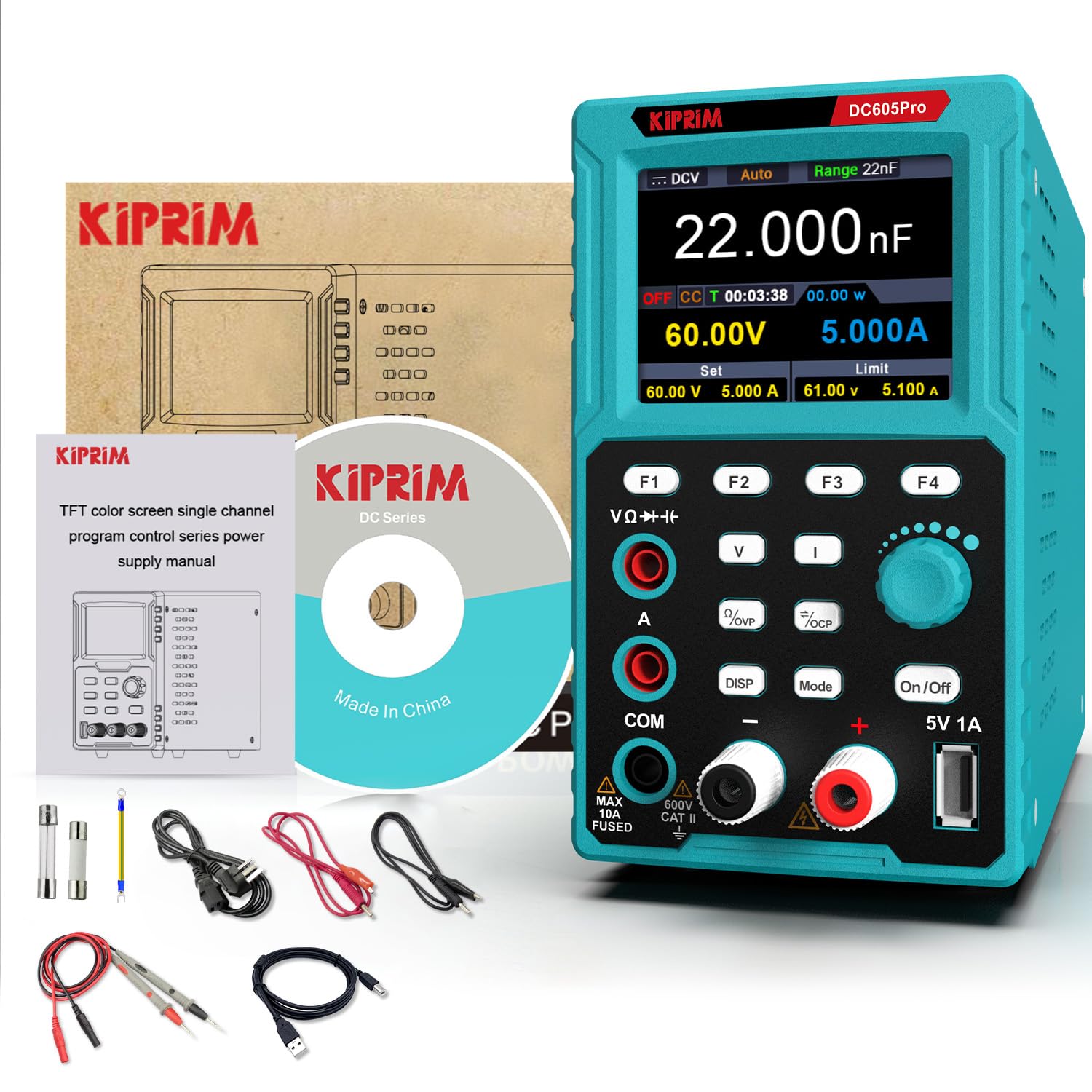 Kiprim 2-in-1 Programmierbares Labornetzgerät und Multimeter (0–60 V, 0–5 A) DC605Pro Labornetzteil mit Datenspeicher, hoher Präzision, OCP, OVP, PC-Software und USB-Aufladung