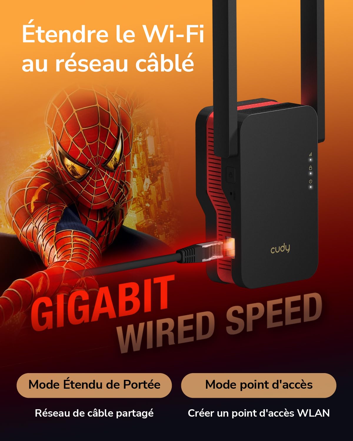 CUDY AX3000 WiFi 6 Support réseau | Compatible OpenWrt, WiFi 6 à 2402 + 574 Mbps, OFDMA, 160 MHz, modes AP/RE, compatible avec n'importe quel routeur