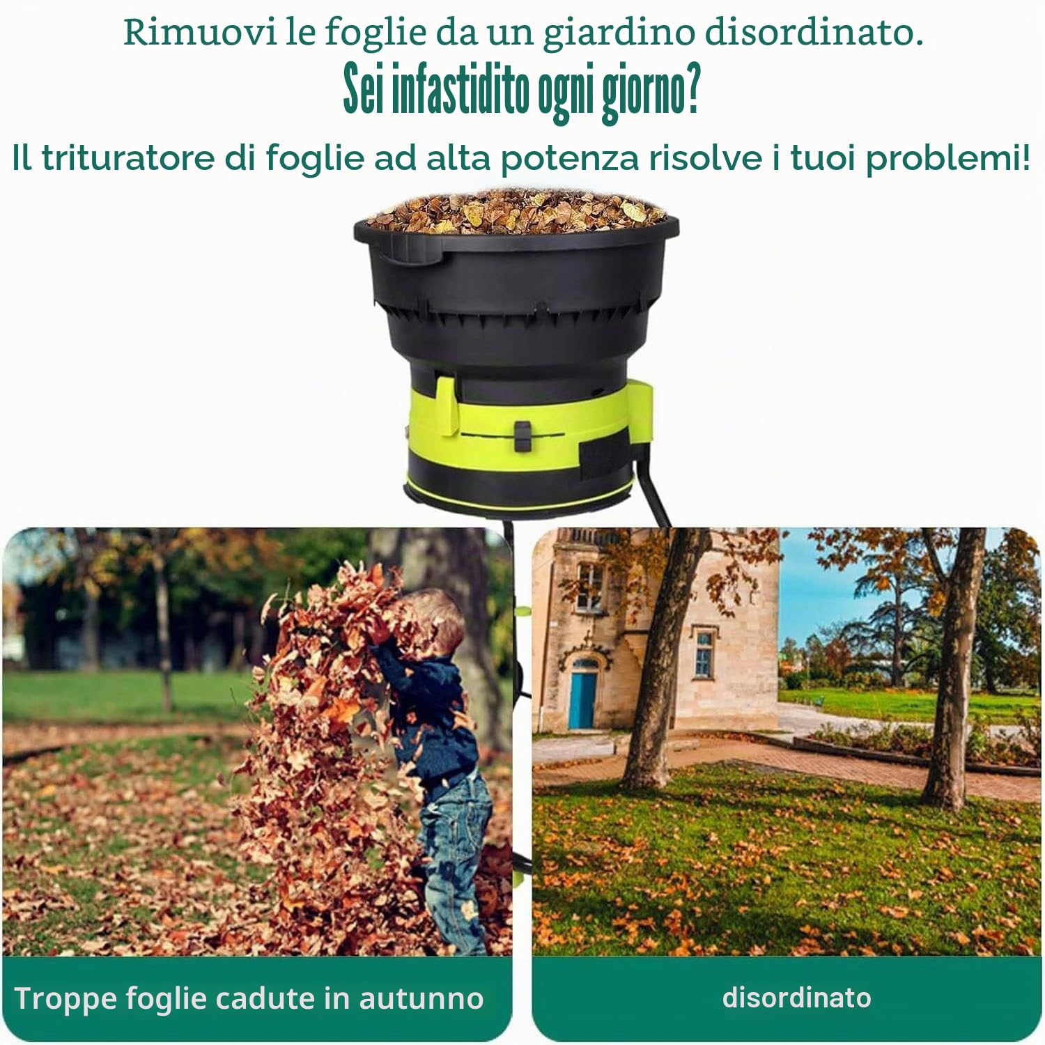 2500 W Trituratore Elettrico per Foglie Con Cavo Con Manopola Di Bloccaggio Sicurezza,Trituratore Da Giardino Con Sacco Raccolta E Ruote,Per Foglie Secche,Erba E Sfalci Giardino,noPowercord