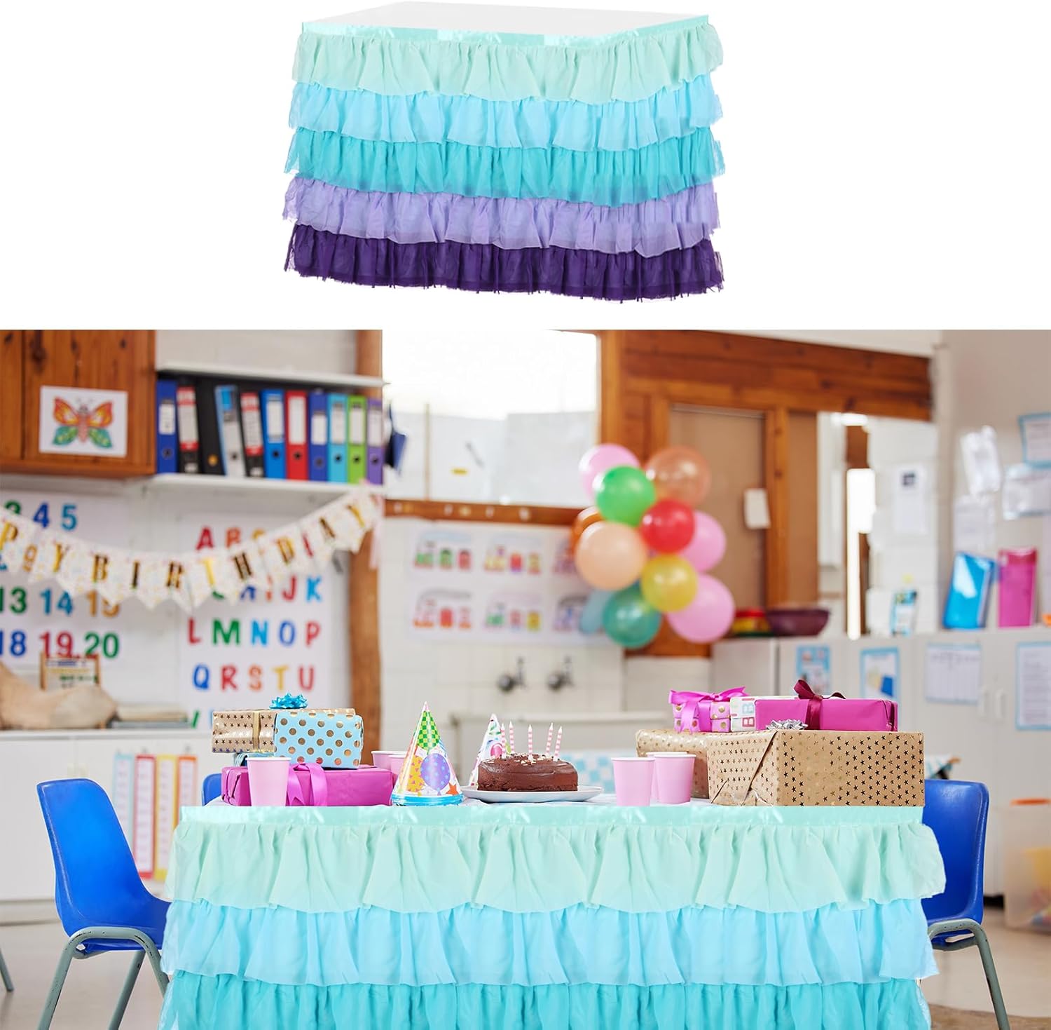 MECCANIXITY 1 Pack 14ft Blue-Purple Tutu Table Skirt, Ruffle Tablecloth for Rectangle or Round Table Cover for Birthday Weddings Cake Dessert Table Decorations