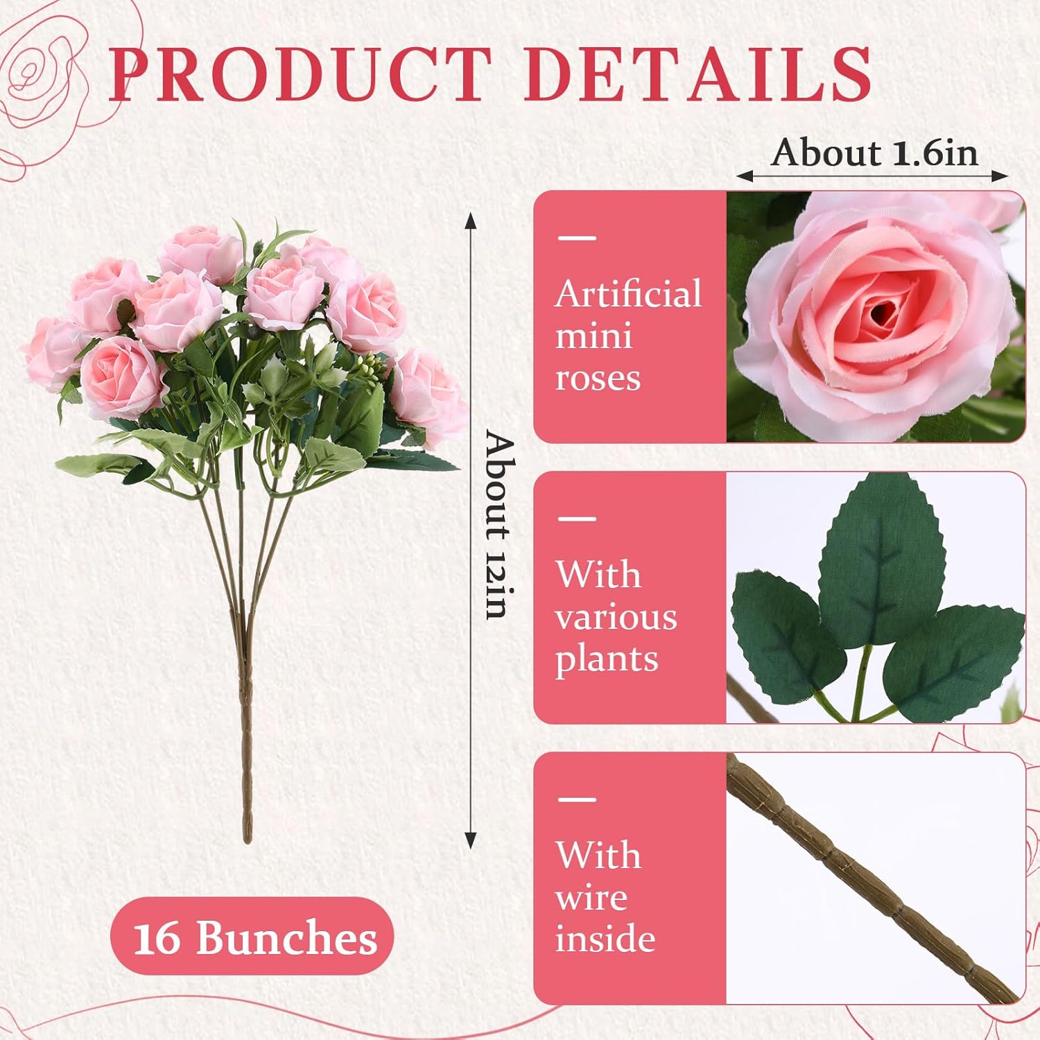 Zeyune 16 Bunches 12 Inch Artificial Mini Rose Bouquet 160 Heads Bridal Flower Bouquets Fake Silk Rose Bulk for Valentine's Day Wedding Bridal Shower Home Office Garden(Light Pink)