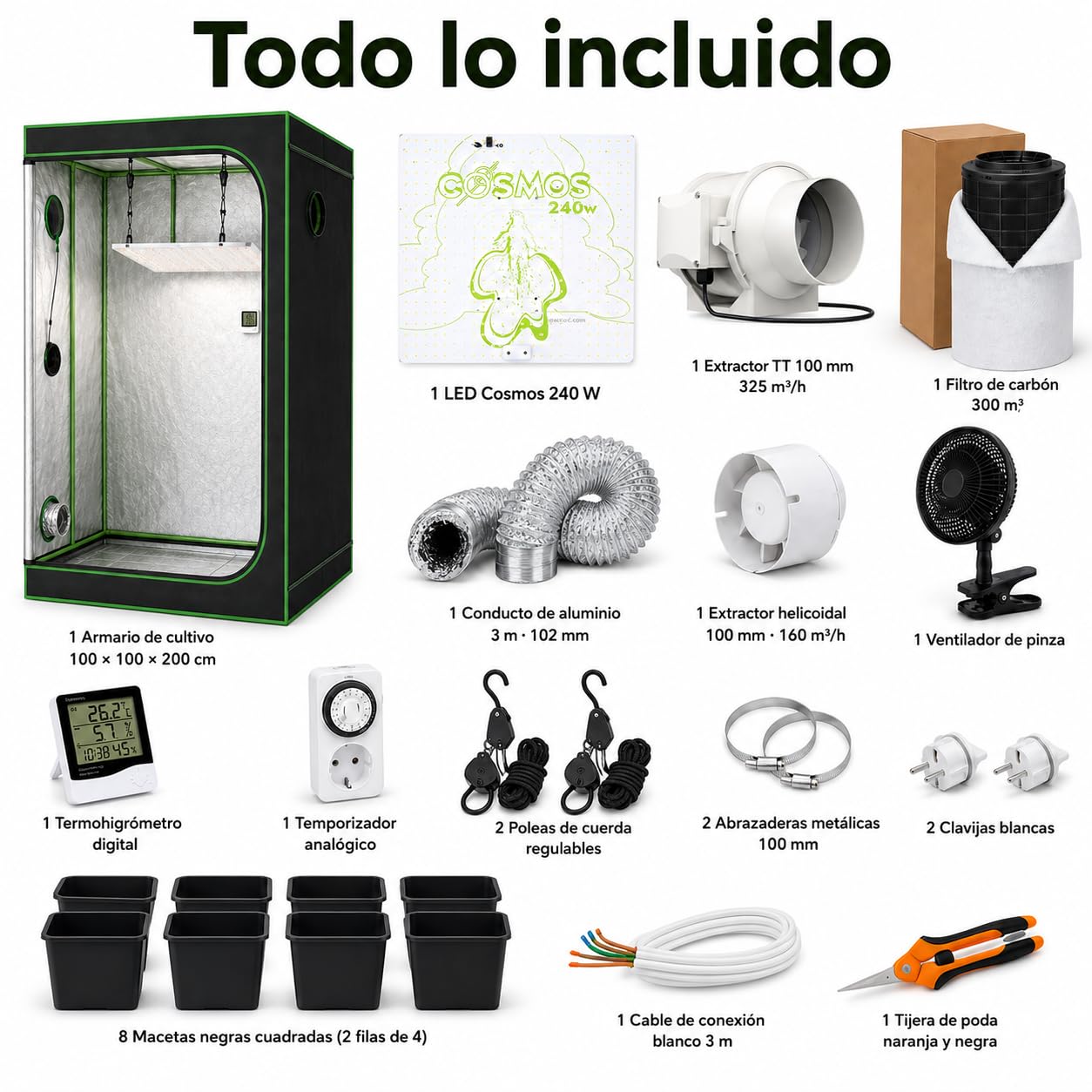 Kit de Cultivo Interior 100x100x200 cm con LED 240W, Armario Grow Completo, Extractor 325 m³/h, Filtro de Carbón, Ventilador, Termohigrómetro, Temporizador, 8 Macetas de 7L, Cultivo Indoor