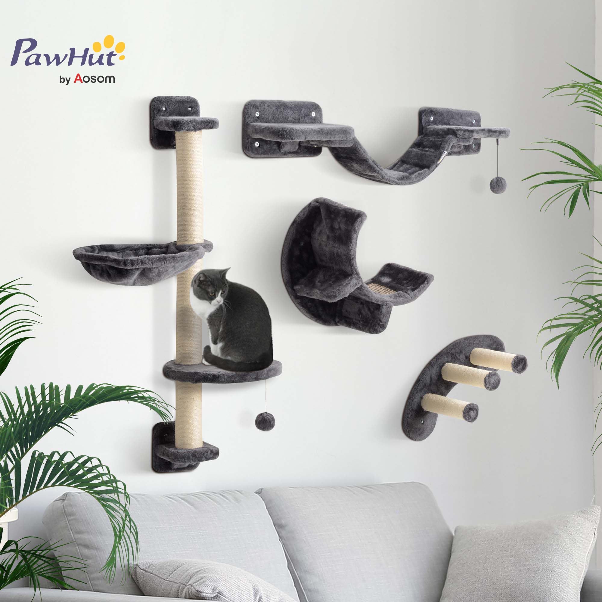PawHut Kletterwand Katzen 4-teiliges Katzenwandmöbel bis 5 kg Dunkelgrau | Set, Hängematte, Katzenbrücke, Plattformen, Hängeball, Kratzsäule, zum Klettern, Spielen, Schlafen