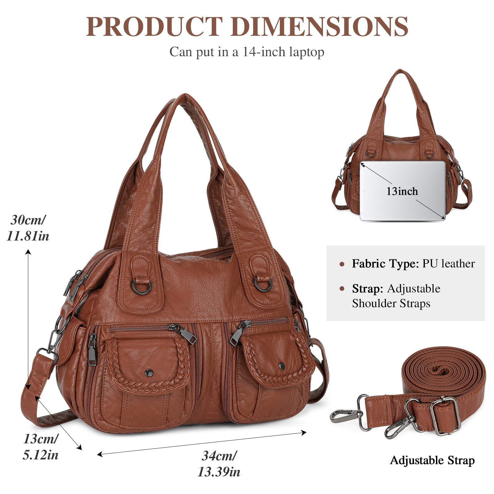 VINBAGGE Borsa Tracolla Donna Tote Bag Donna Borse a Mano Grande Elegante Borse a Spalla Shopper Borsetta per scuola, lavoro, shopping, viaggi, uso quotidiano,L-Marrone