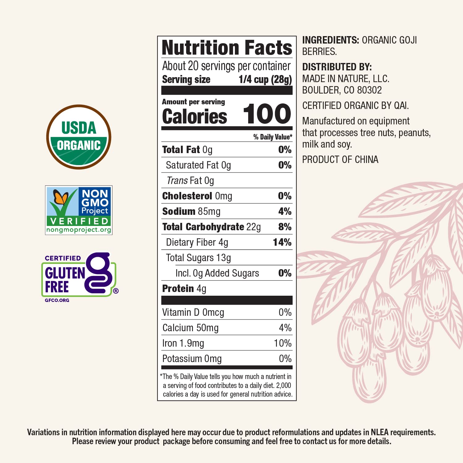 Made In Nature Organic Sun-Dried Goji Berries, 20 Ounce (Pack of 1) – Vegan Snack, Non-GMO, Unsulfured, Gluten Free