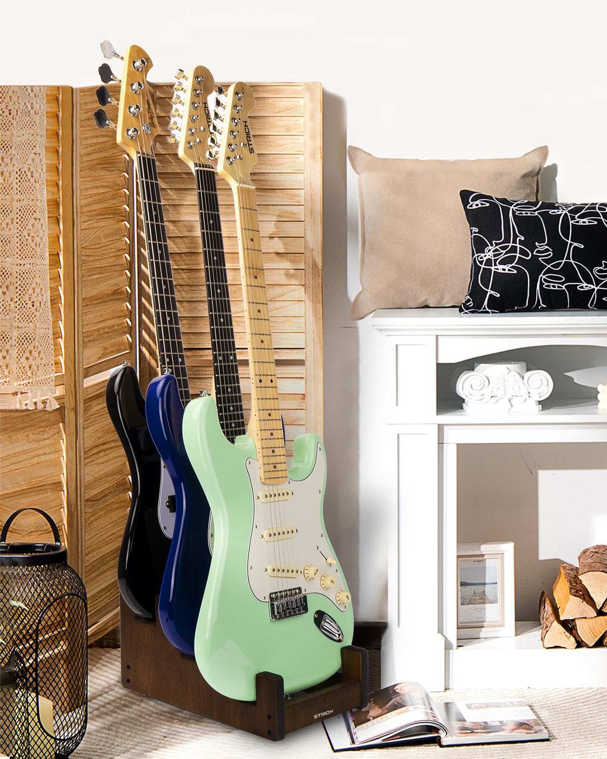 STRICH Drewniany stojak na gitarę na wiele gitar, 3-uchwyty na 3 elektryczne/basowe, wyświetlacz przedni oszczędzający miejsce stojak na gitarę, wyściełany stojak na wiele gitar, do domu, studia,