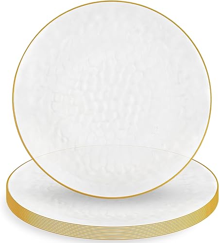 Miniatura 7 de Blue Sky Platos orgánicos martillados con borde dorado transparente, 10 unidades, 7 pulgadas, plástico desechable redondo, diseño elegante para