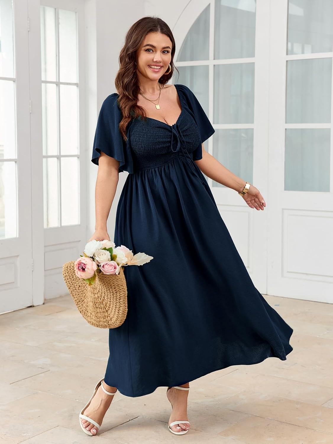 Women's Plus Size Maxi Dress Short Sleeve Sweetheart Neckline Smocked A Line Flowy Formal Wedding Guest Dress - Image 2