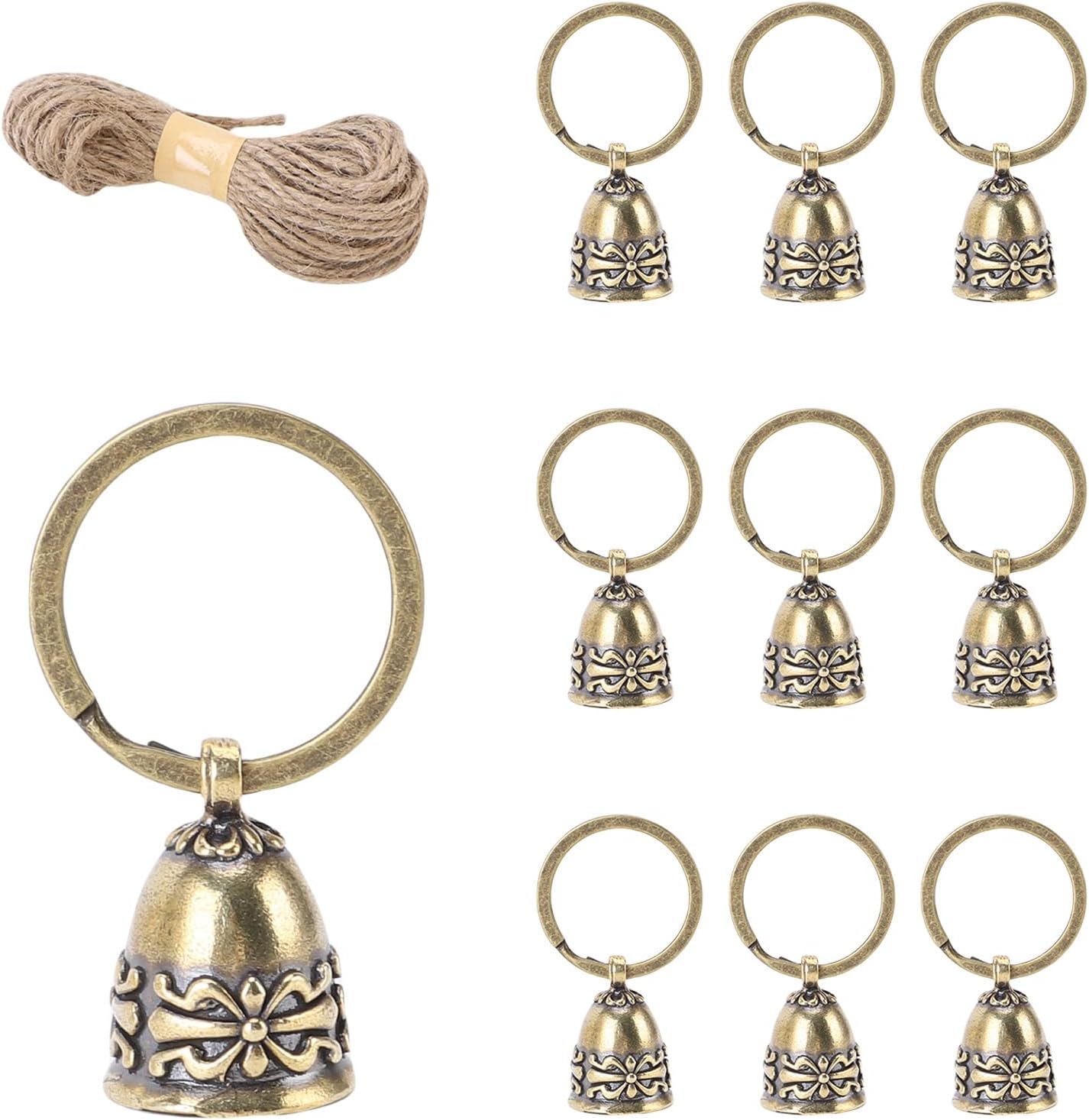 Pure Copper Bells Hand Polished Small Vintage Crafts Hanging Bells with 10M Jute Rope Keyrings for Xmas Decorations and DIY Projects