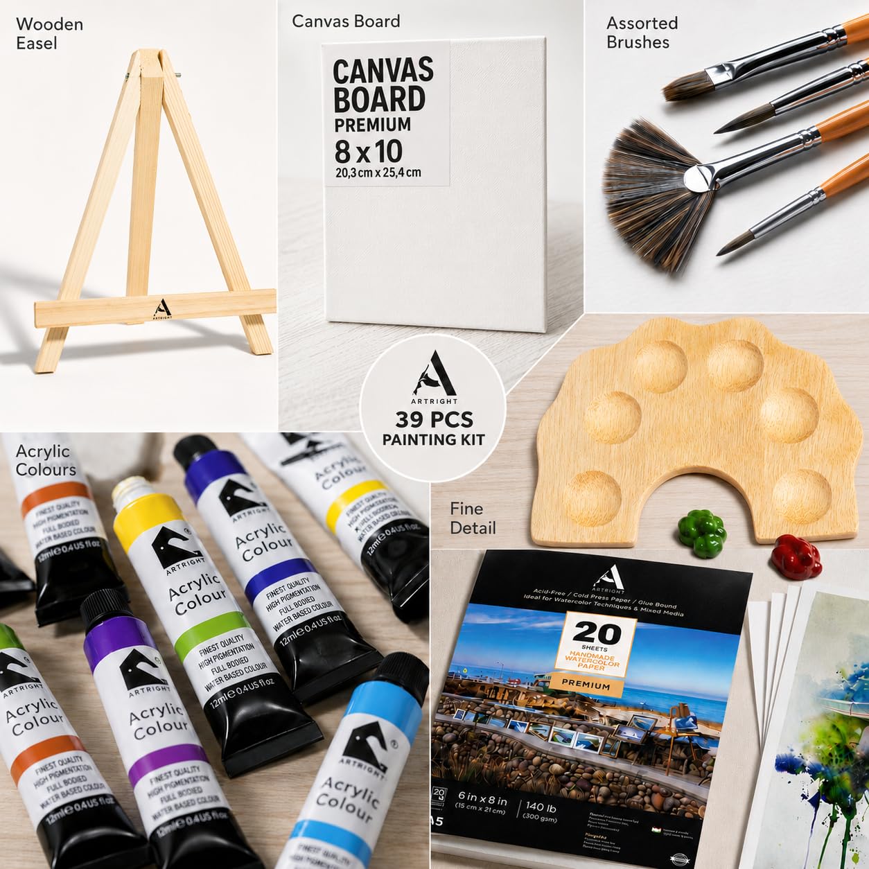 ArtRight 39 Pcs Painting Kit for Beginners & Kids with 4 Paint Brushes - Mini Wooden Easel with Canvas - 20 A5 Watercolor Papers - Mini Painting Palette - Artists Color Set of 12 4
