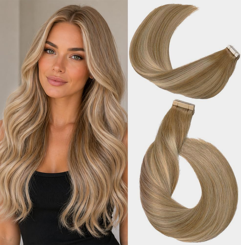 YDDM Extensiones de pelo humano con cinta adhesiva, 20 unidades, 60 cm, 50 g, color marrón claro con rubio dorado — view 12