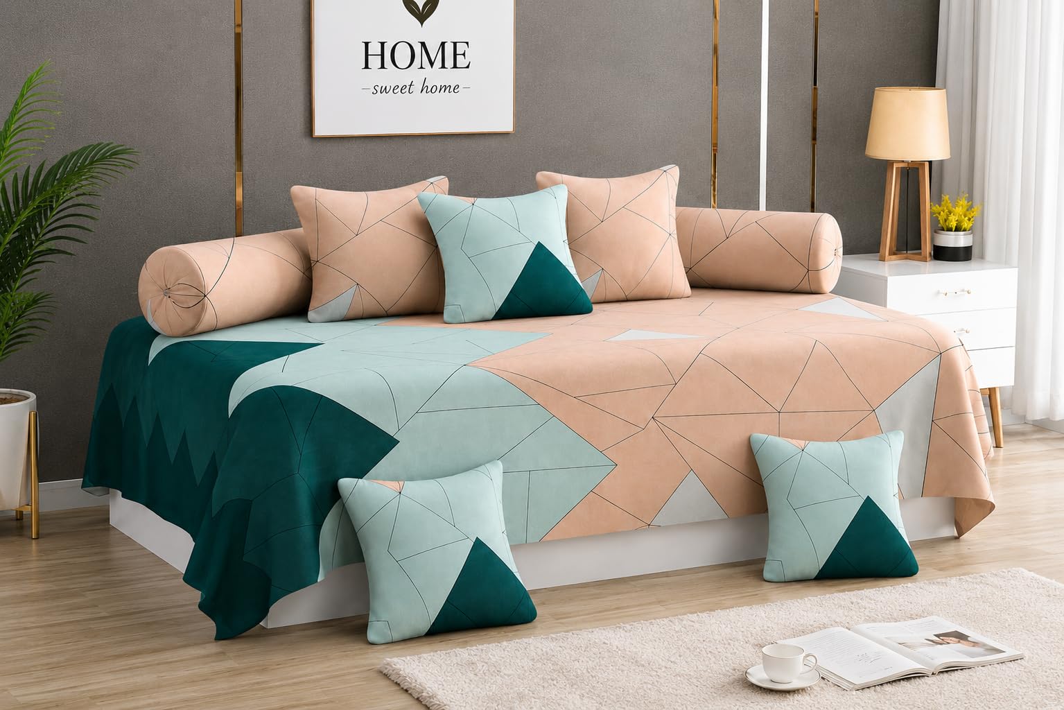 Premium Cotton Diwan Set 8 Pieces,1 Single bedsheet Size 60x90inch, 5 Cushions 16 x 16 inch Covers with Zip and 2 Bolster Covers (Design-9, 60'' x90'' inches) (Multi)-image-27