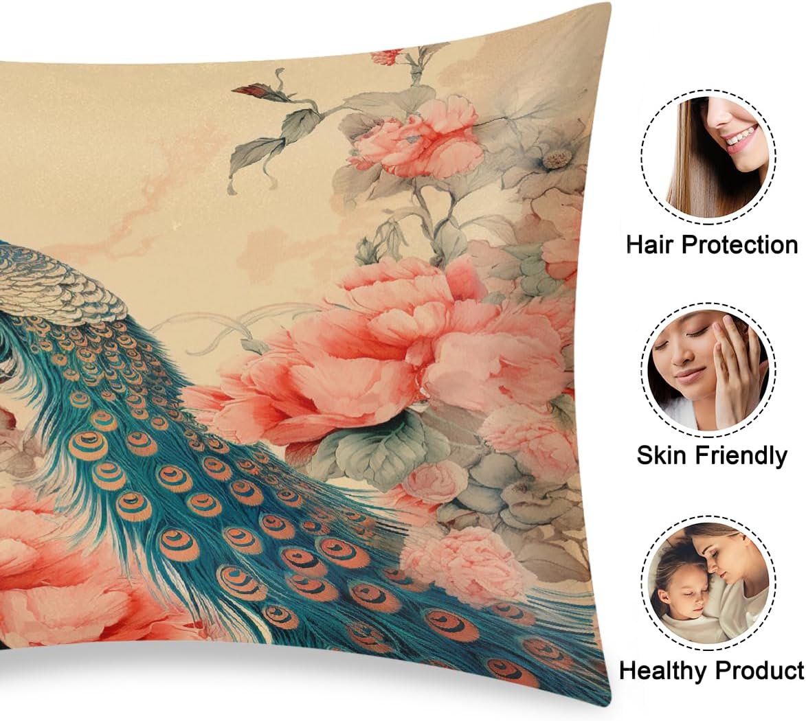 Satin Pillowcase 2 Pack 20x30 Inches, Envelope Closure No Zipper, Queen Pillow Cases Set of 2, Floral Peacock Silky Smooth Hair Care Pillow Covers