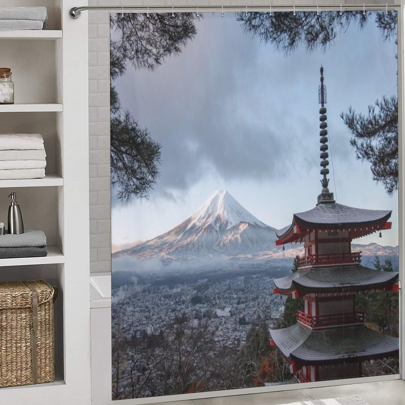 PAZZK Japan Mt Fuji Shower Curtain, Shower Curtains Waterproof Washable Polyester Fabric, Bathroom Curtains Shower Curtain with 12pcs Hooks 72x72Inch (183x183cm)