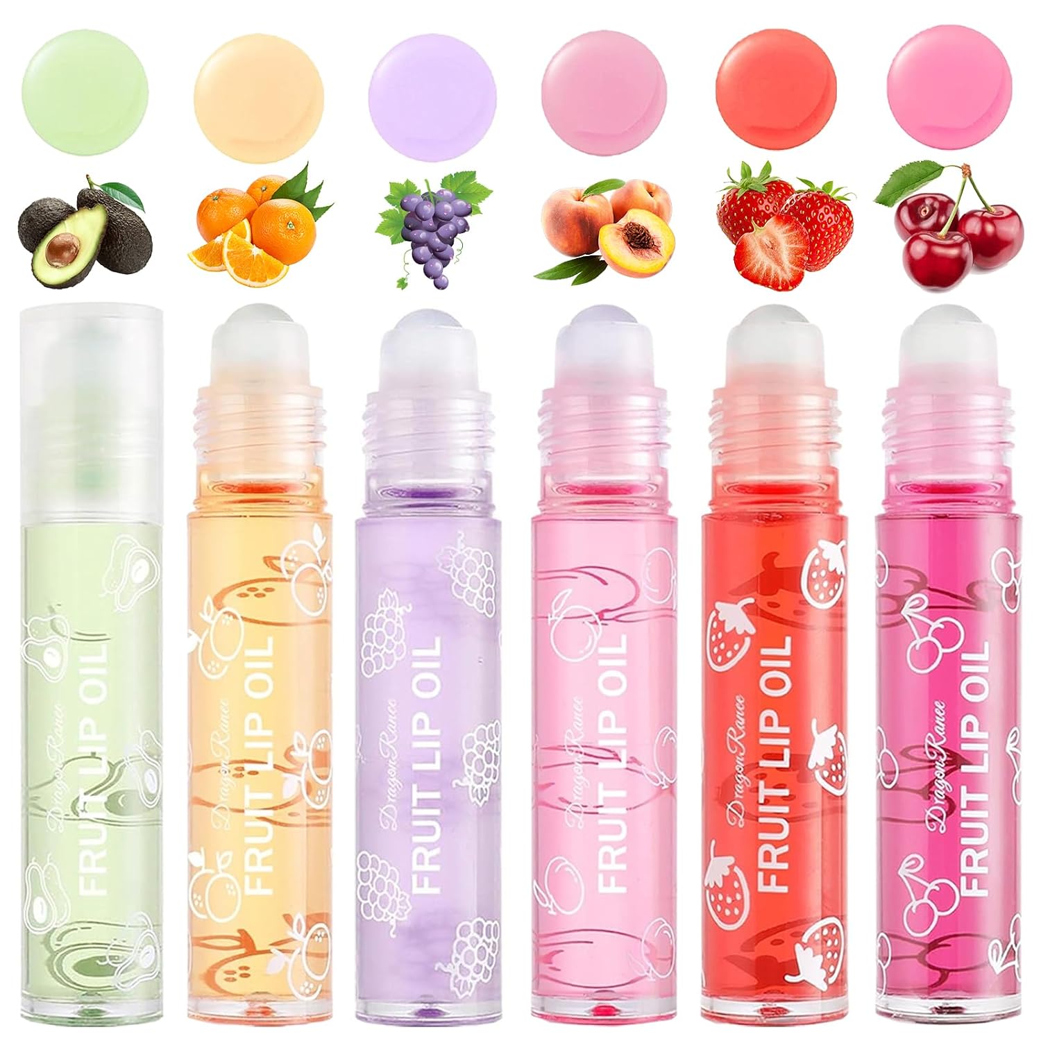 6PCS Fruity Flavors Rolling Ball Lip Oil Set, Long Lasting Moisturizing Lip Balm, Roll-On Lip Gloss Set, Glossy Lip Make-up for All Age, Transparent Lip Gloss for Dry and Chapped Lips