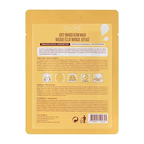Miniatura 3 de Soo'AE Juicy Mango Glow Mask [12 unidades], complejo de jugo de mango + sábana de microfibra, lindo y divertido, nutritivo, calidad premium, cuidado