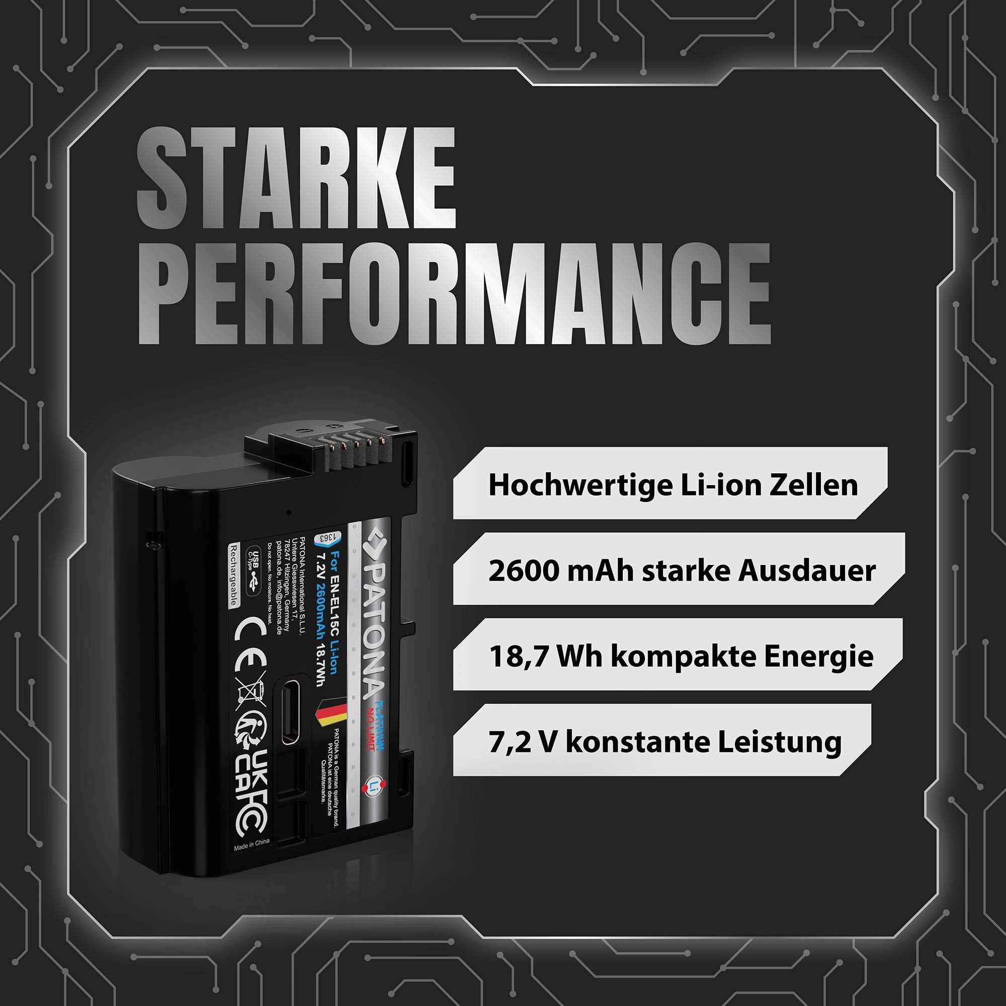 PATONA Platinum EN-EL15C Akku 2600mAh mit USB-C – Ersatz für Nikon EN-EL15 EL15b EL15c – kompatibel mit Z5 Z6 II/III Z7 II Z8 ZF D7500 D850 D780 D750 D500 – direkt am Akku Laden
