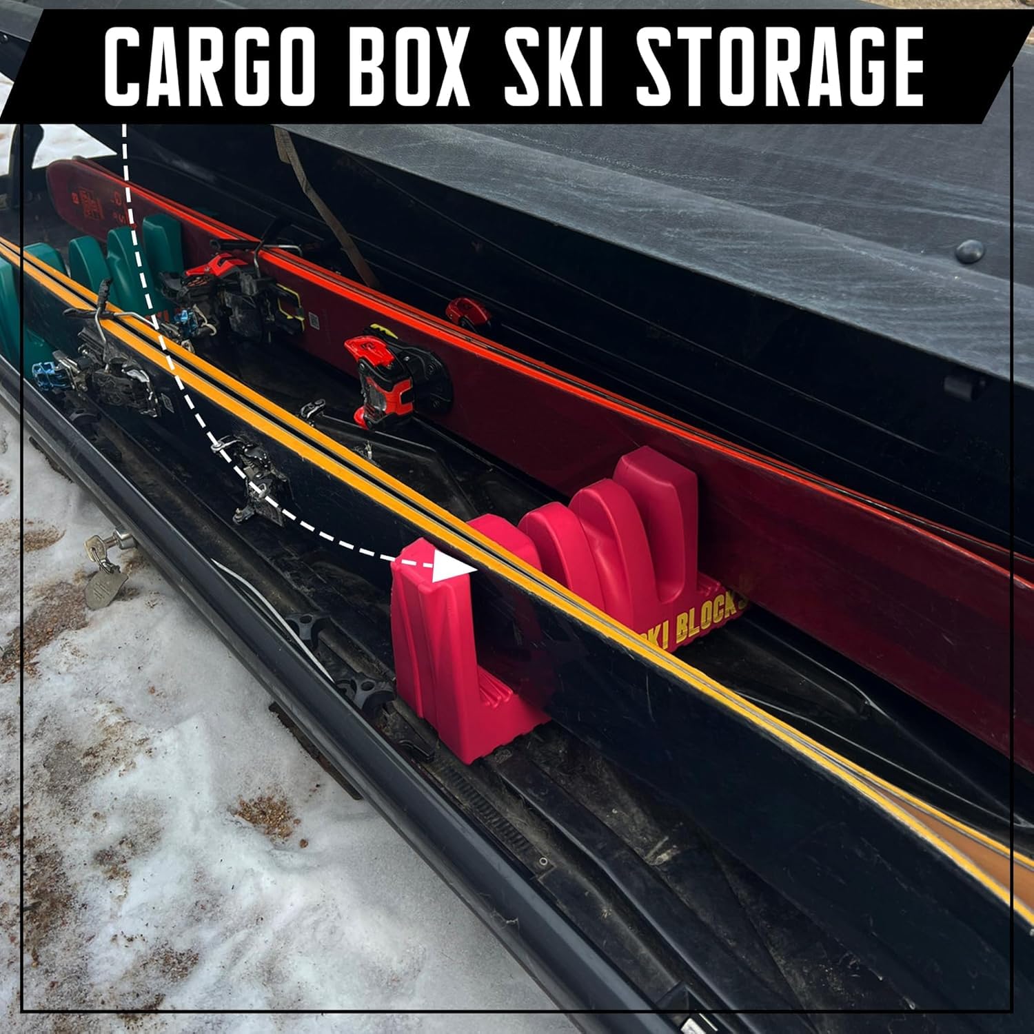SKI Blocks V2 Ski Blocks - Set of 2 - Ski Storage Rack - Fits Any Ski - Secure, Non-Slip Design - Ski and Snowboard Safeguard - Holds 6 Skis - Portable Protection - Cargo Box, Ski Bag (Black)