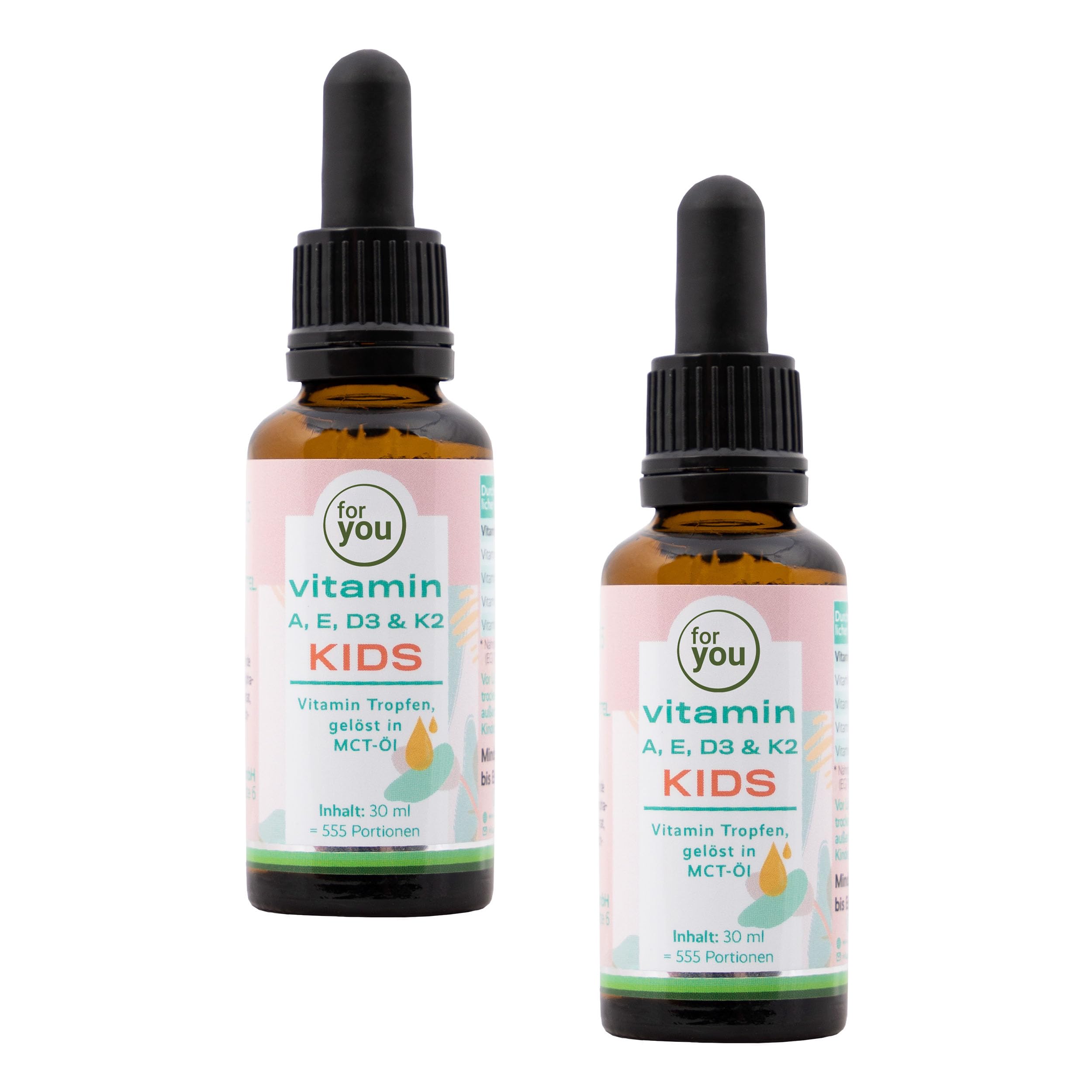for you Vitamin A, E, D3 & K2 Tropfen für Kids Doppelpack - Vitamintropfen für Kinder ab 4 Jahren - 2x555 Portionen - Immunsystem Vitamine für Kinder geschmacksneutral, ohne Zusätze - Kindervitamine