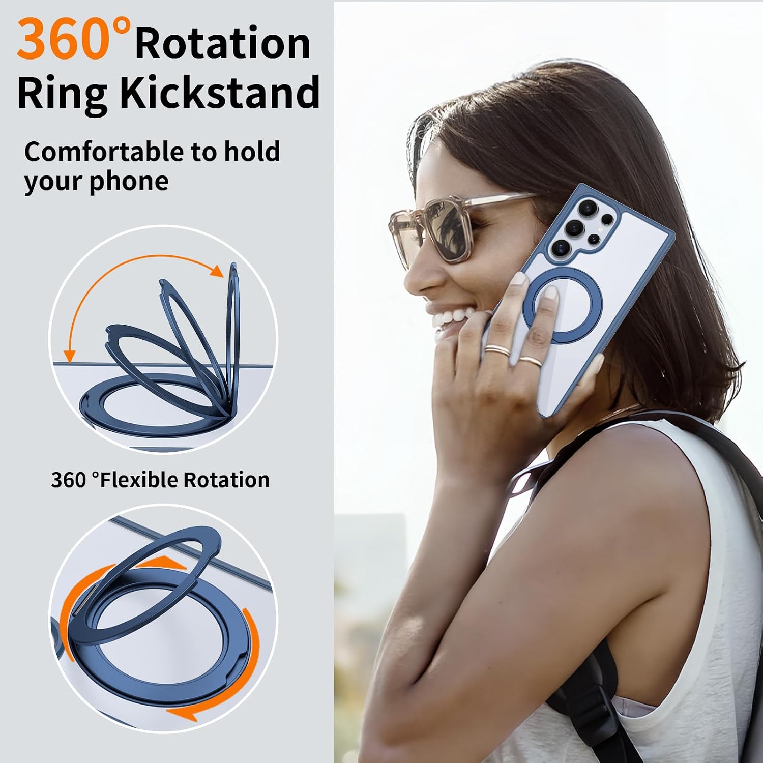 Magnetic Protective Case for Samsung Galaxy S24 Ultra with 360-Degree Rotating Stand, Semi-Transparent Design, Wireless Charging Support, Shock Protection (Royal Blue)