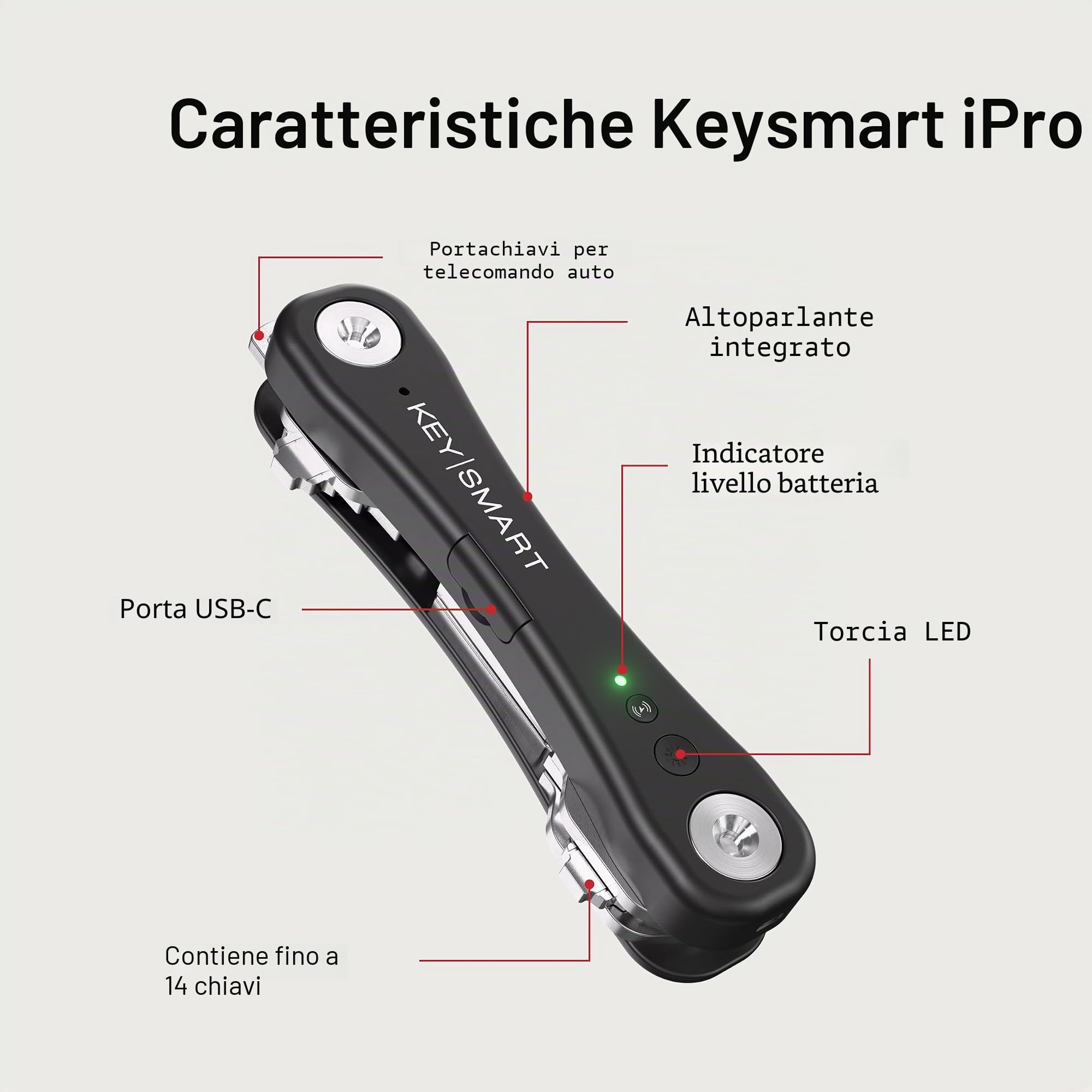 KeySmart iPro Localizzatore di Chiavi con Suono - Portachiavi Organizzatore di Chiavi, Compatibile con l’App Apple Find My, Portachiavi Compatto, Tracker per Chiavi(Fino a 14 Chiavi, Nero)