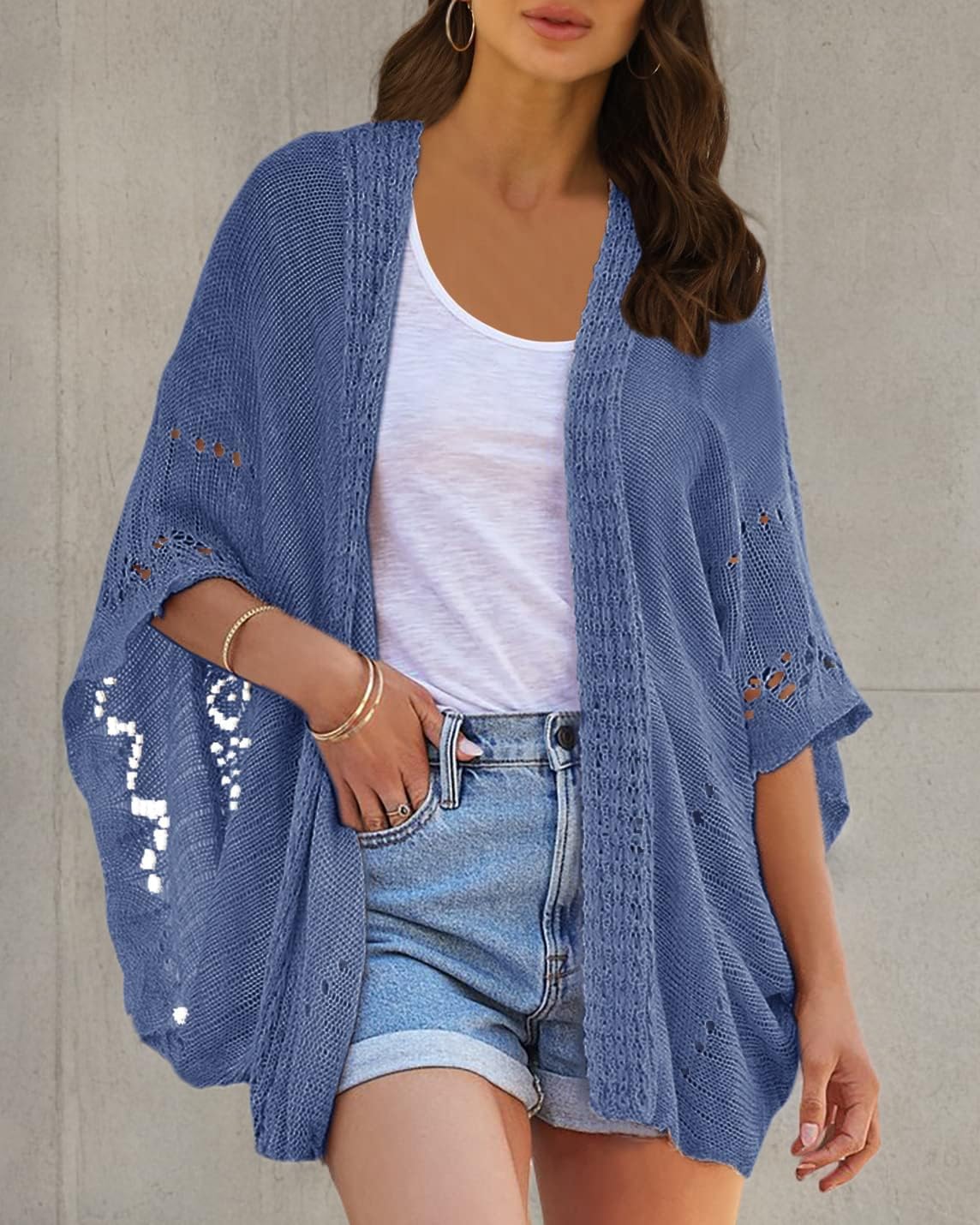 Ermonn Crochet Cardigan Sweaters for Women Open Front Kimono Batwing Sleeve Plain Casual Lightweight Outerwear - Image 8