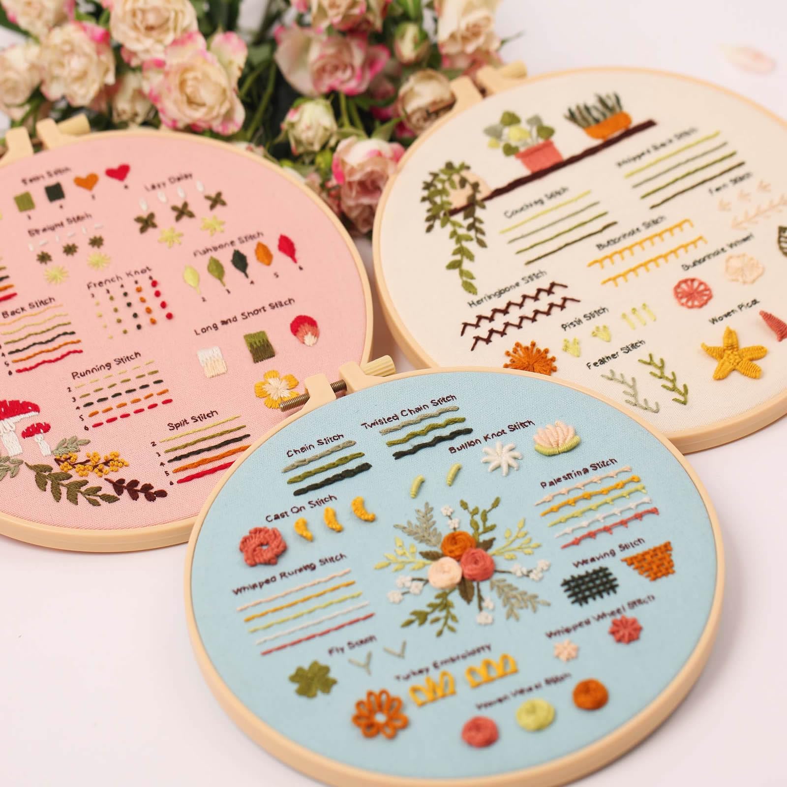 QEEYON Kit de Démarrage de Broderie, 3 Pcs Fils à Broder, 30 Points Différents, pour Adultes, Aiguilles de Fils de Couleur, Cerceaux