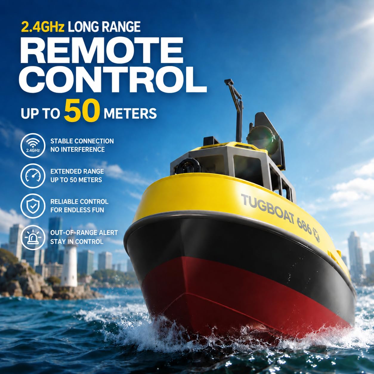 Barca radiocomandata 1/72 RC Tugboat per piscine e laghi, 2,4 Ghz, telecomando ad alta velocità, con luci a LED e allarme batteria scarica, per adolescenti e adulti