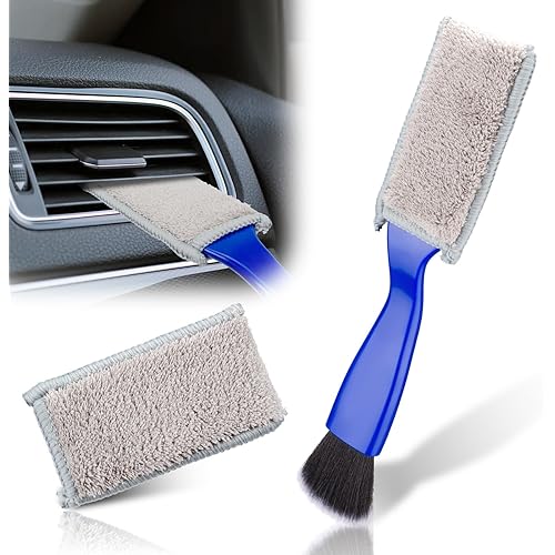 Double Head Brush for Car Clean, 2 in 1 Car Detailing Brush, Double Ended Portable Dust Brush with 2 Cleaning Cloth, Universal Dust Removal Brush for Air Conditioner Outlets, Dashboard Screen (Blue)