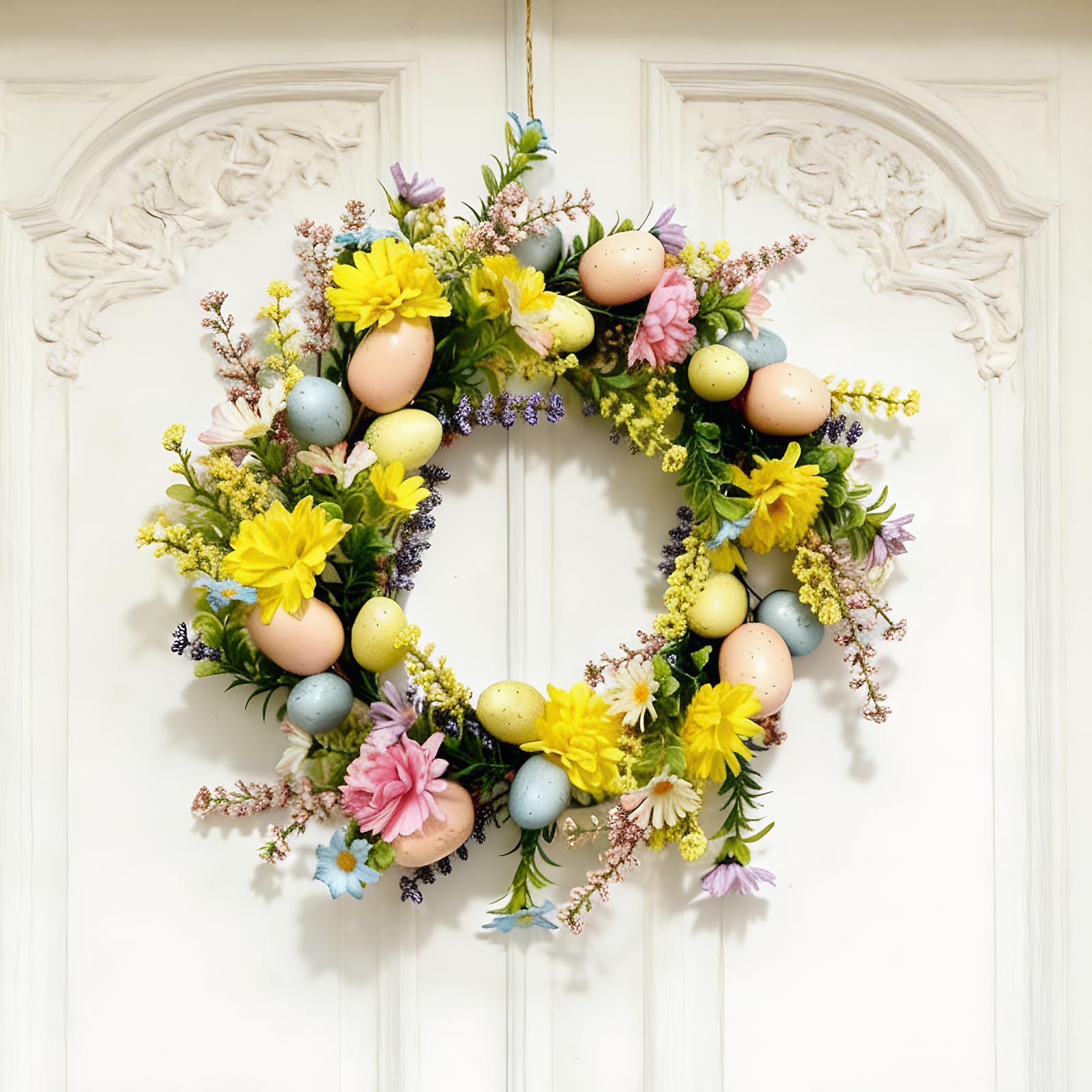40cm Easter Wreath for Front Door, Spring Door Wreath with Artificial, Artificial Easter Eggs Wreaths, Doors Wreaths Outdoor, for Kitchen Indoor Outdoor Window Front Doors Decoration