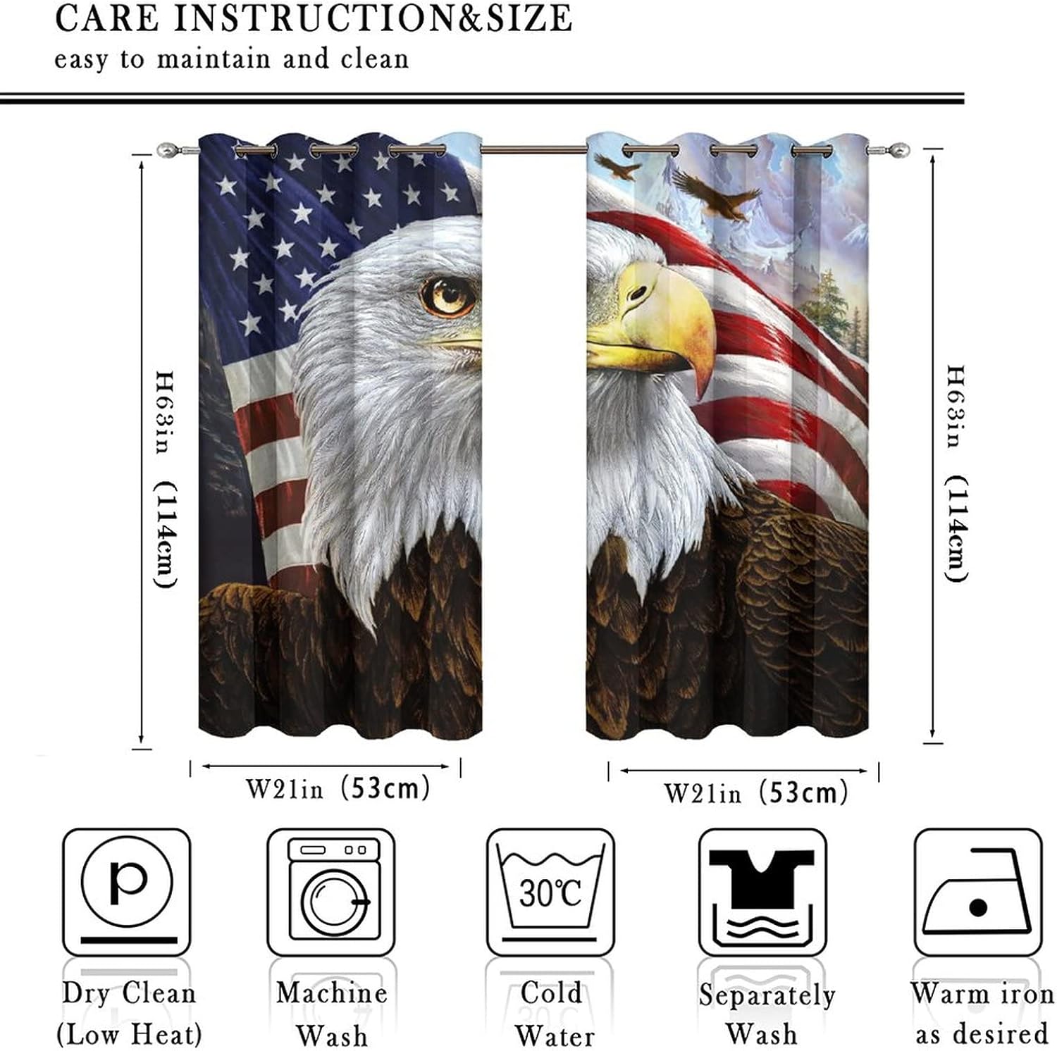 US Flag Eagle Ultra Soft Premier Blackout Curtains,Vintage Oil Painting Forest Wild Animals Bald Eagle American Flag Thermal Insulated Bedroom Noise Reducing Grommet Top,2 Panels 45L x 21W