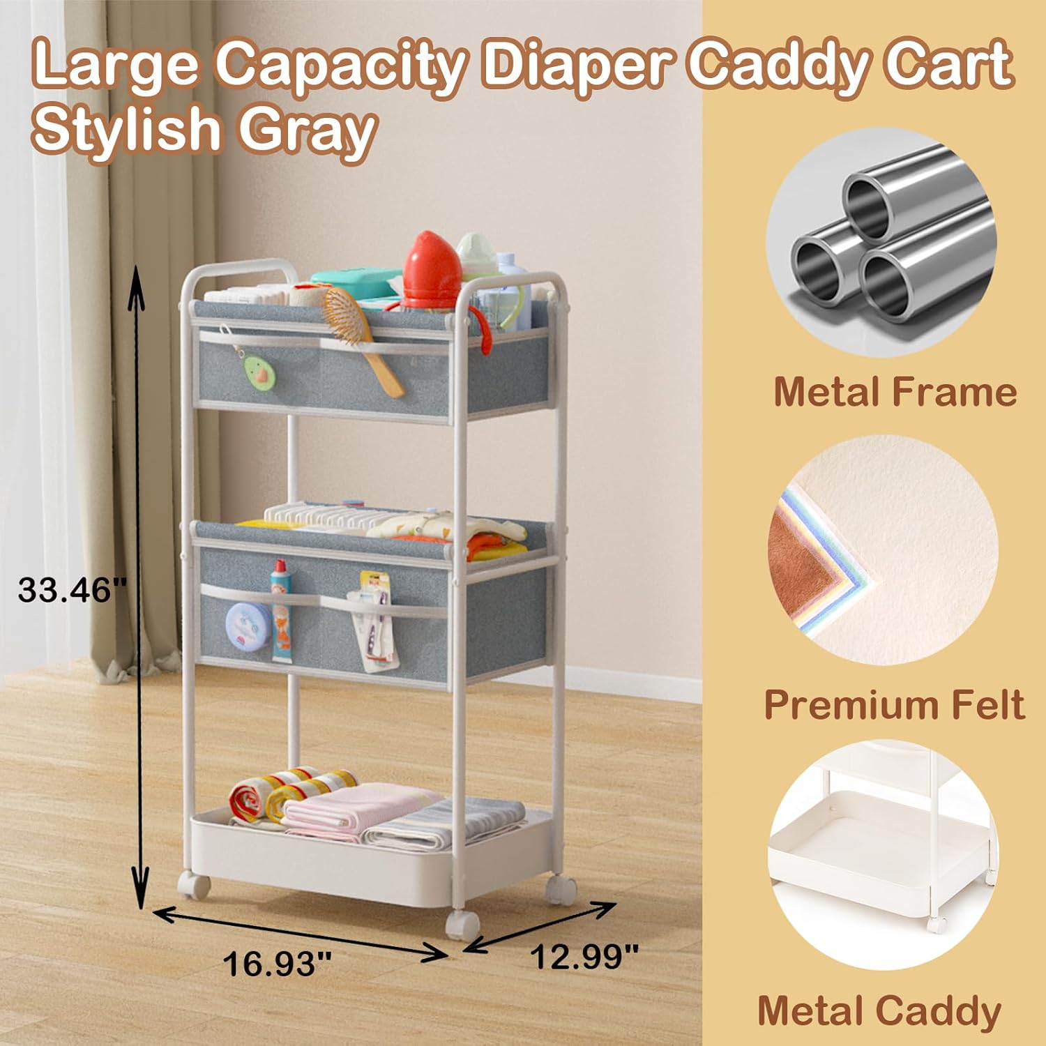 Baby Diaper Caddy, Premium Metal& Felt Movable Cart with Dividers for Newborn Nursery Essentials, Large Capacity Rolling Diaper Storage Caddy Organizer for Changing Table &Crib, Easy Assembly- Gray