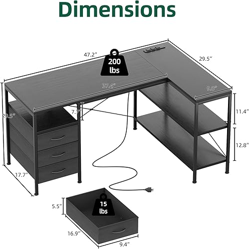 Miniatura 3 de MUTUN Escritorio para computadora en forma de L con 3 cajones y tomas de corriente, escritorio esquinero de 47 pulgadas con estantes de