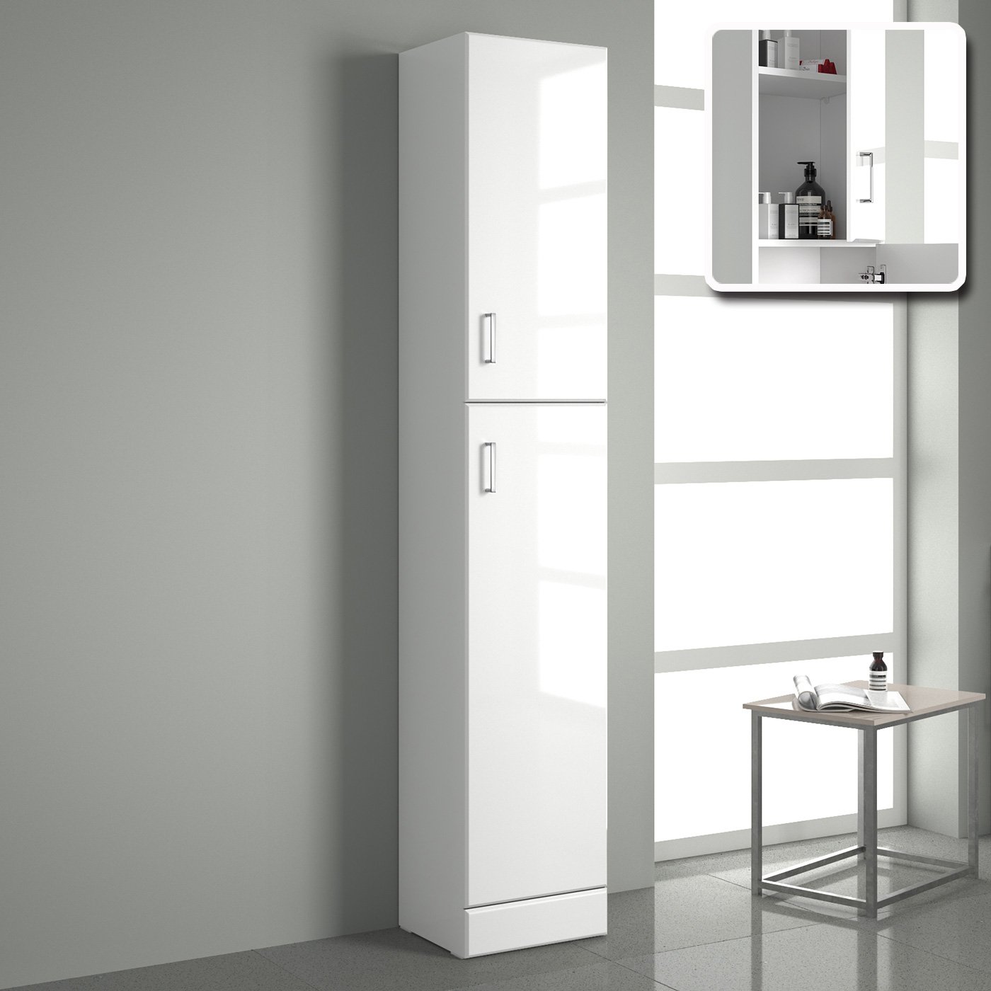 Ibathuk White Tall Gloss Bathroom Cupboard Reversible Storage Furniture Cabinet