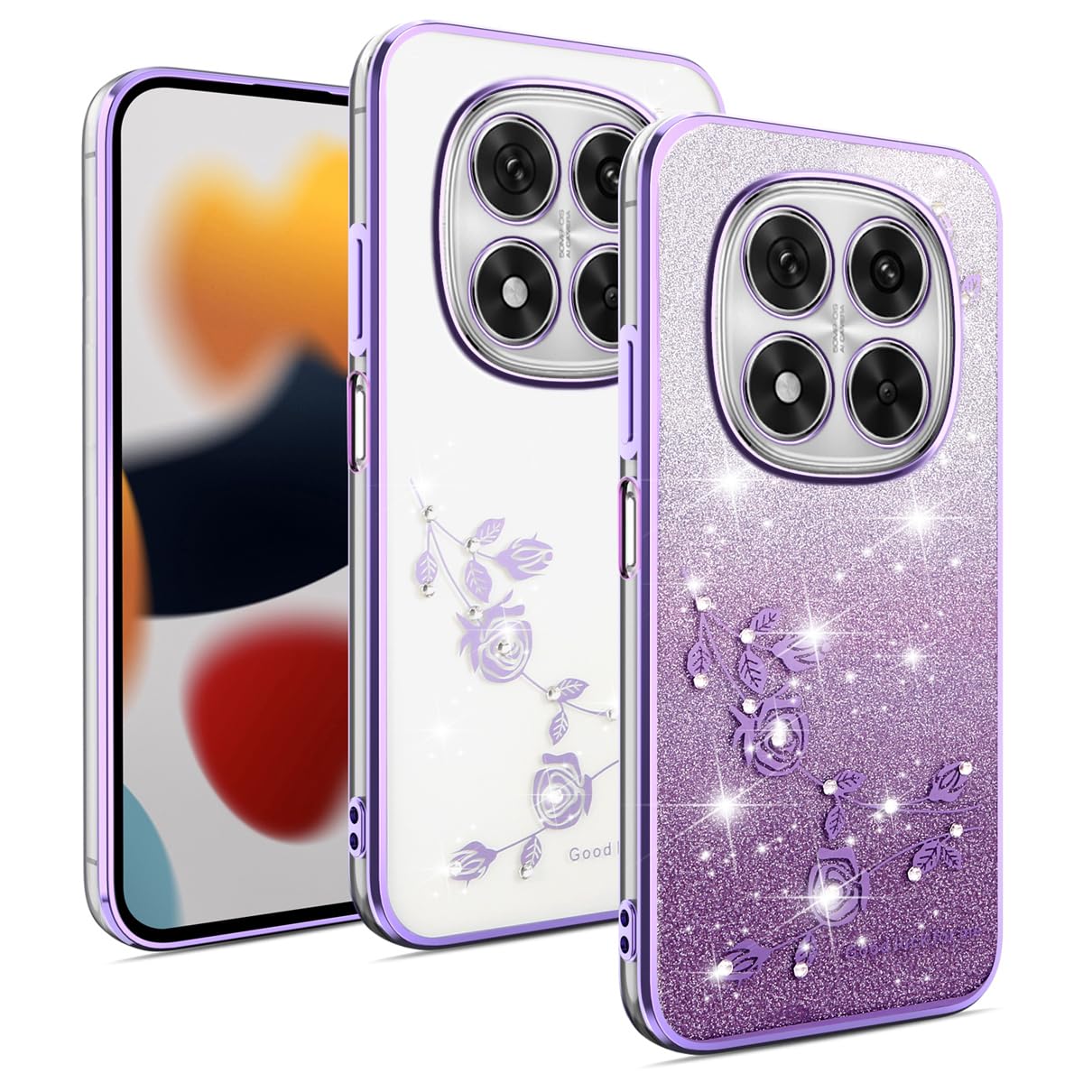 YUEQIAN Cover Glitter per Xiaomi Redmi Note 13 Pro+ Plus 5G, Ultra Sottile Brillantini Molle TPU Silicone Antiurto Custodia, Moda Brilla Diamante Fiori Donna Trasparente Case. Blu