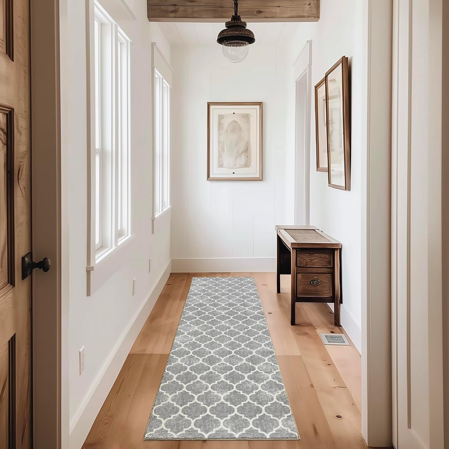 EVERGRACE Hallyway Area Runner Rugs 2x8, Boho Trellis Faux Wool Indoor Outdoor Rugs, Washable Rugs for Bedroom Dining Room Living Room Kitchen, Low Pile Floor Mat Carpet for Home Decor, Light Gray