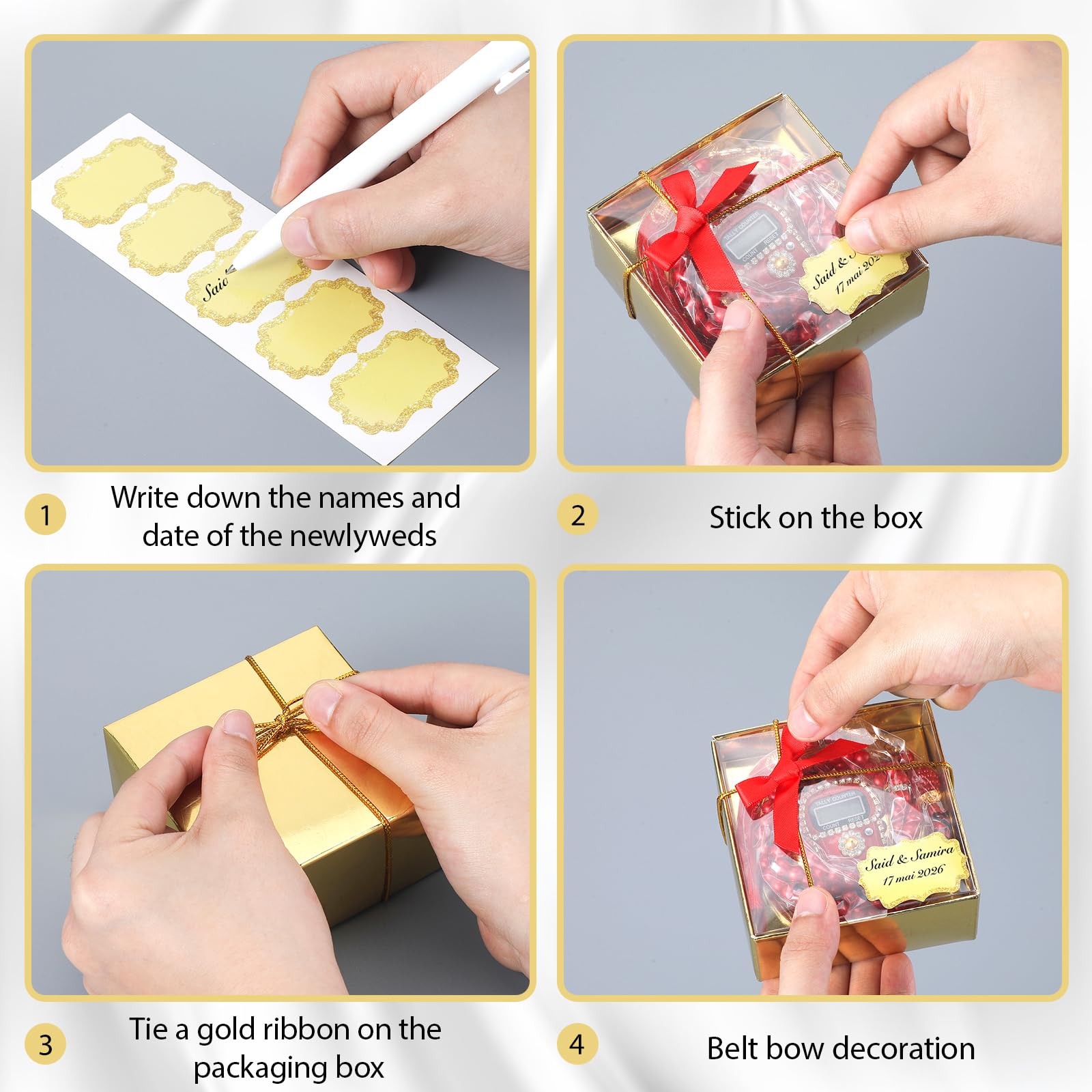 MTLEE 20 Sets muslimische Gebetsperlen für Hochzeiten mit digitalem Zähler | Tasbih Theke mit Goldboxen, Dankeskarten, Bändern, für Eid Ramadan Umrah Islamische Zeremonie, elegantes Paket